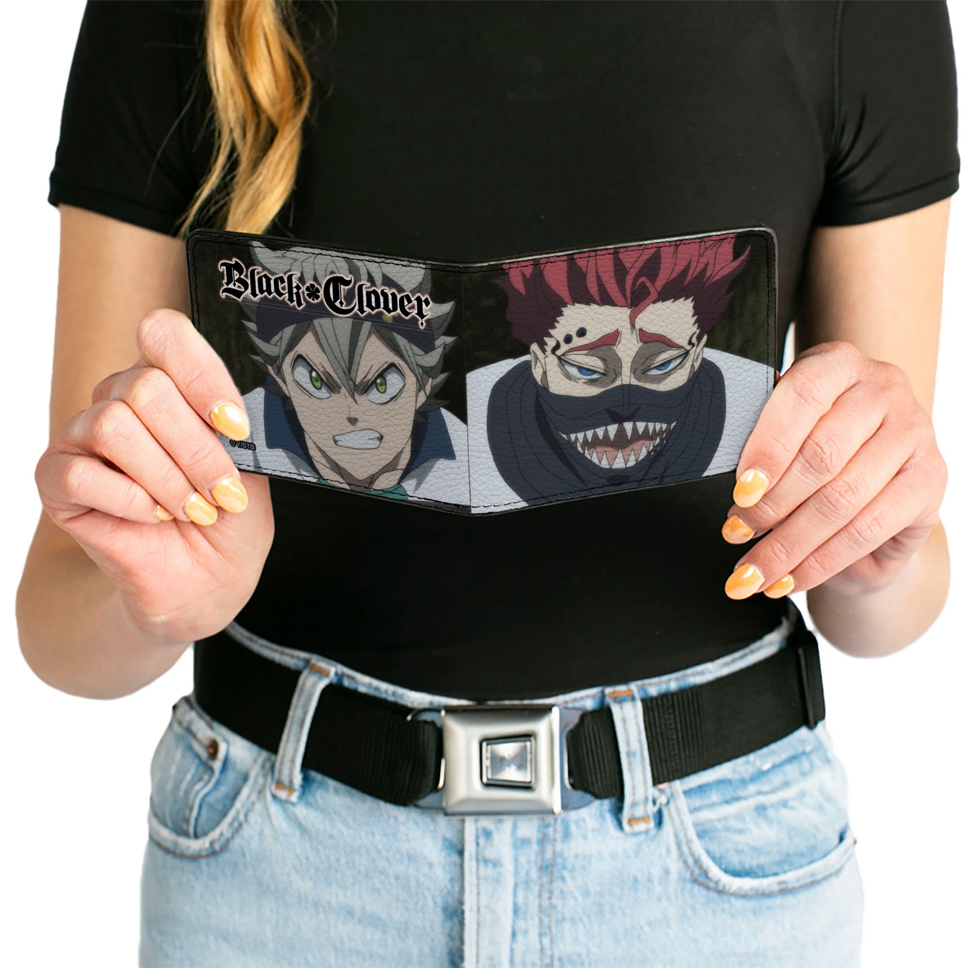 Bi-Fold Wallet - BLACK CLOVER Zora and Asta Faces and Title Logo Black Bi-Fold Wallets Black Clover