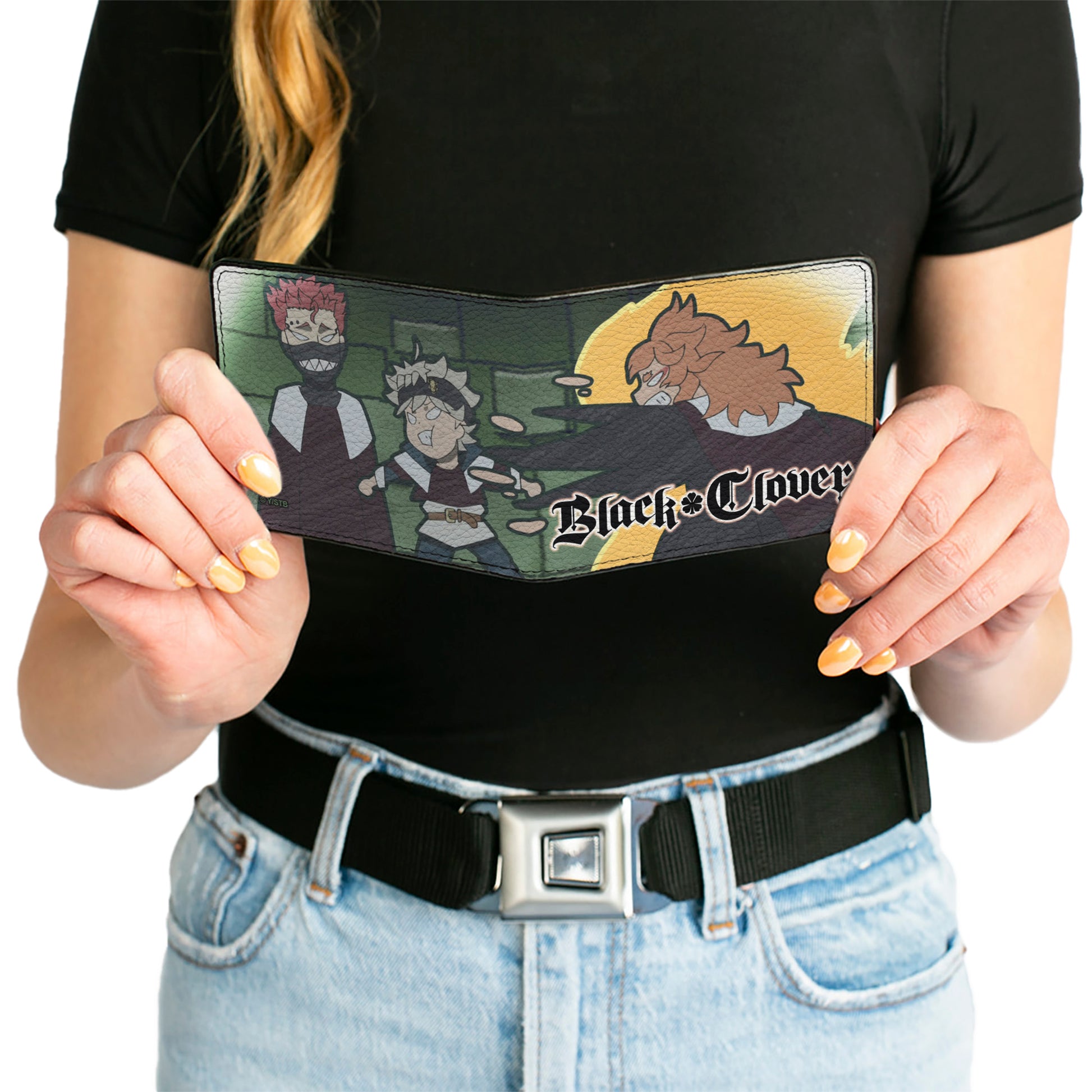 Bi-Fold Wallet - BLACK CLOVER Asta and Zora Mereoleona Challenge Scene and Title Logo Greens Bi-Fold Wallets Black Clover