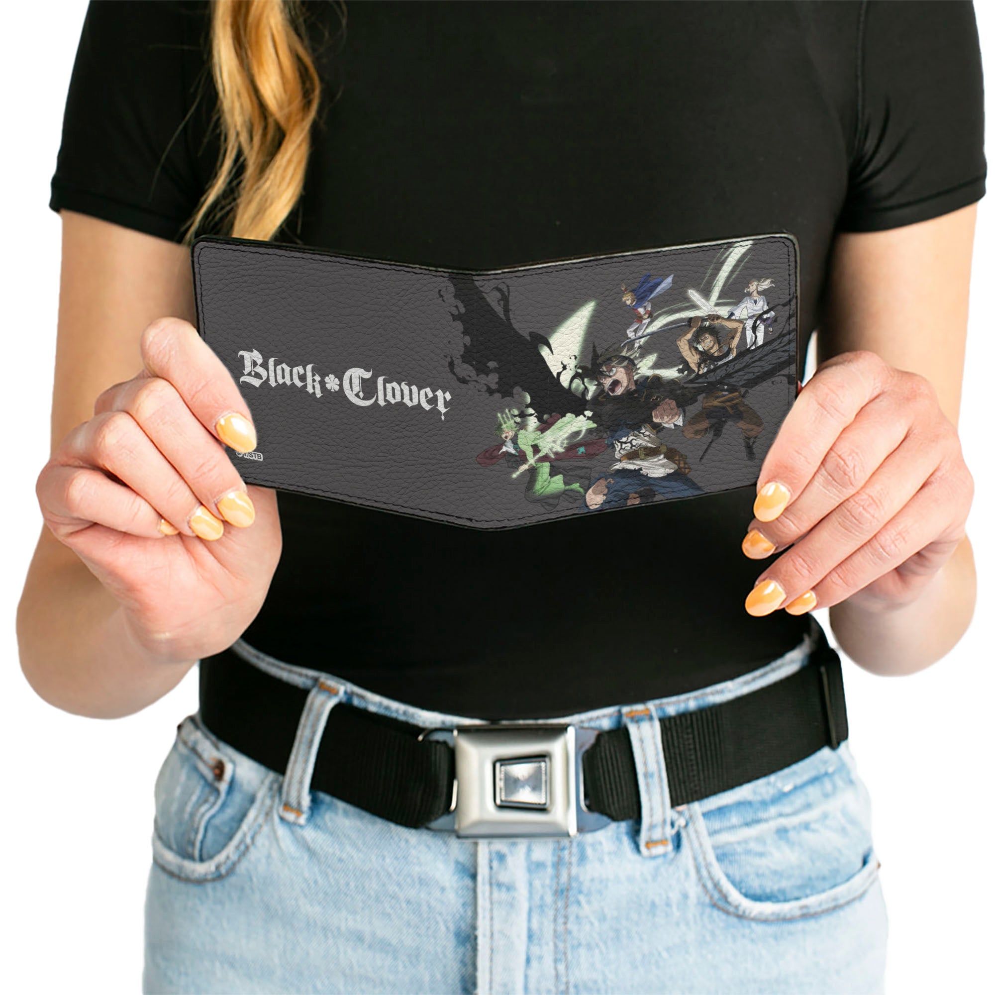 Bi-Fold Wallet - BLACK CLOVER Five Character Group Action Pose and Title Logo Gray Bi-Fold Wallets Black Clover