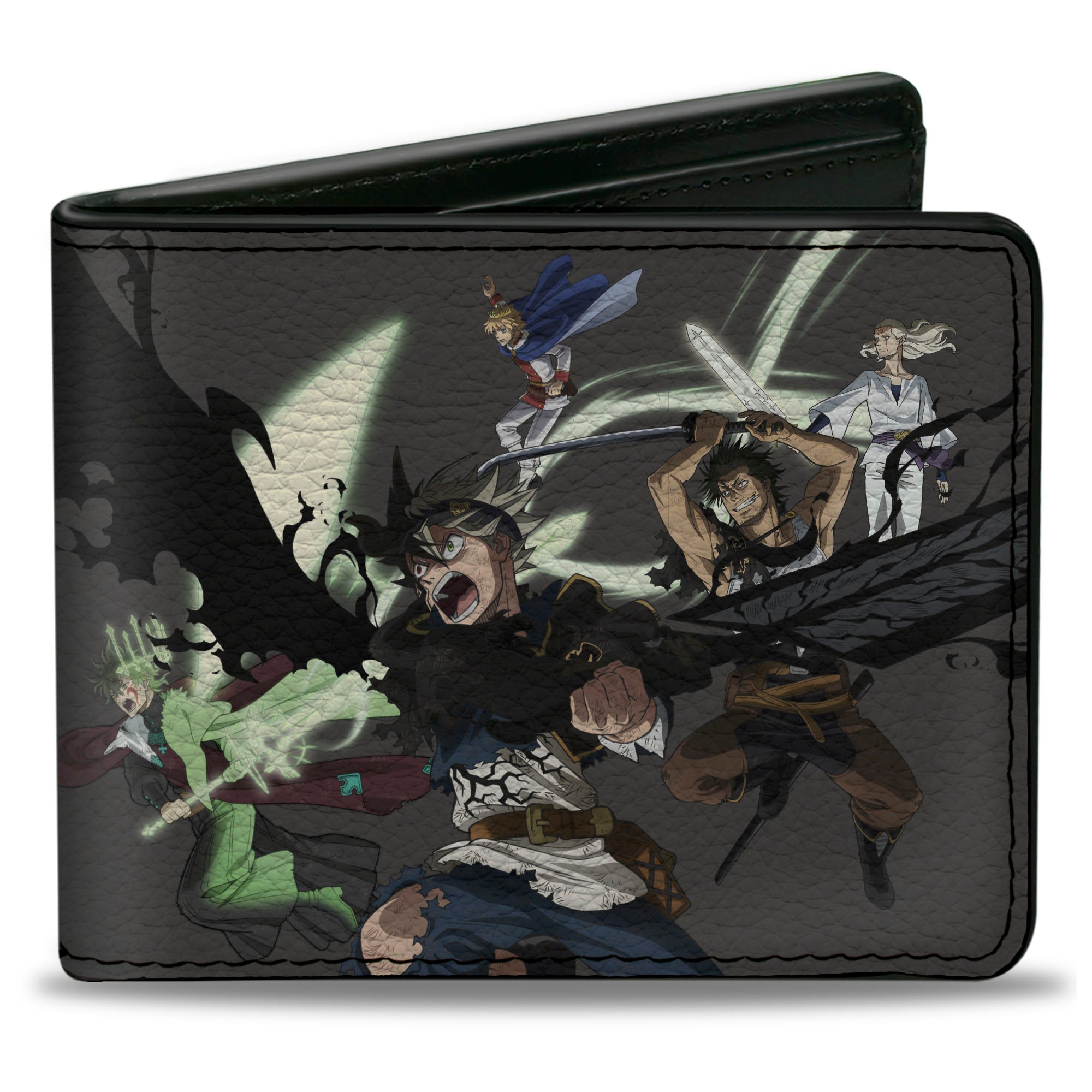 Bi-Fold Wallet - BLACK CLOVER Five Character Group Action Pose and Title Logo Gray Bi-Fold Wallets Black Clover