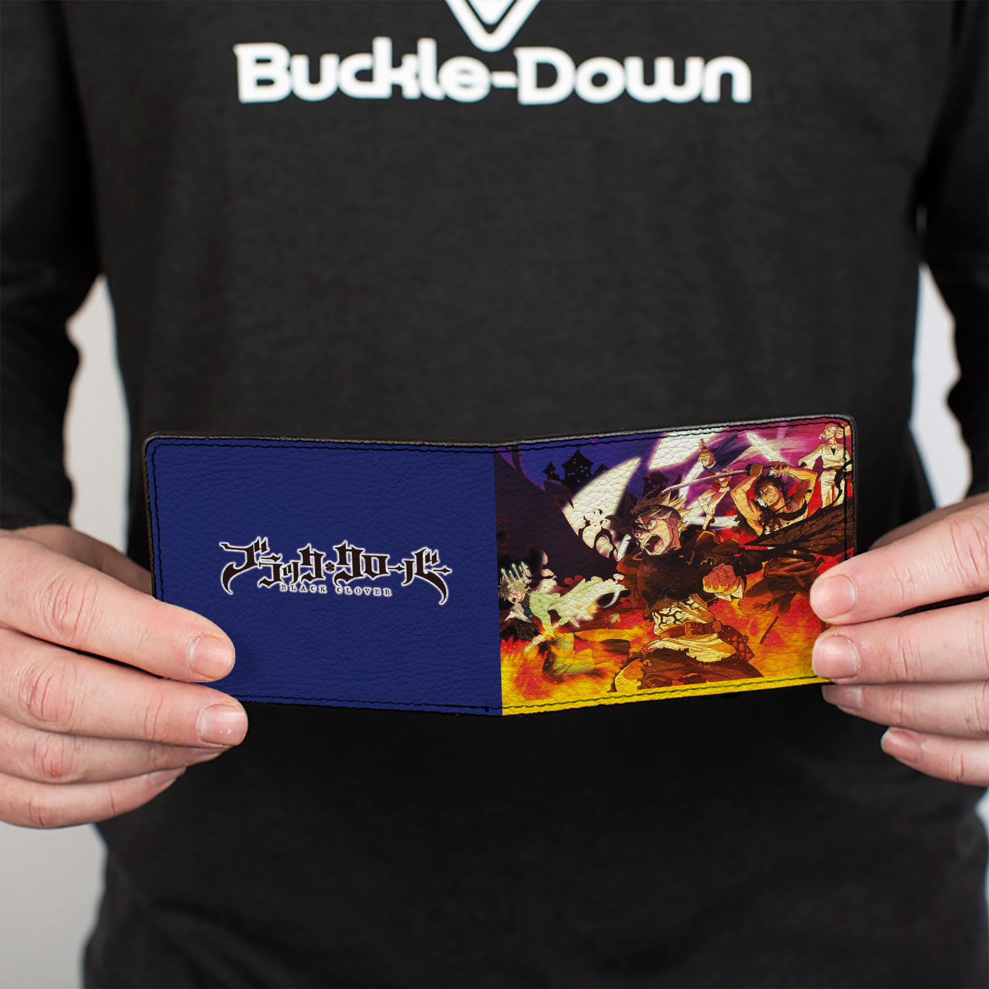 Bi-Fold Wallet - BLACK CLOVER Five Character Group Action Pose and Title Logo Purple Bi-Fold Wallets Black Clover