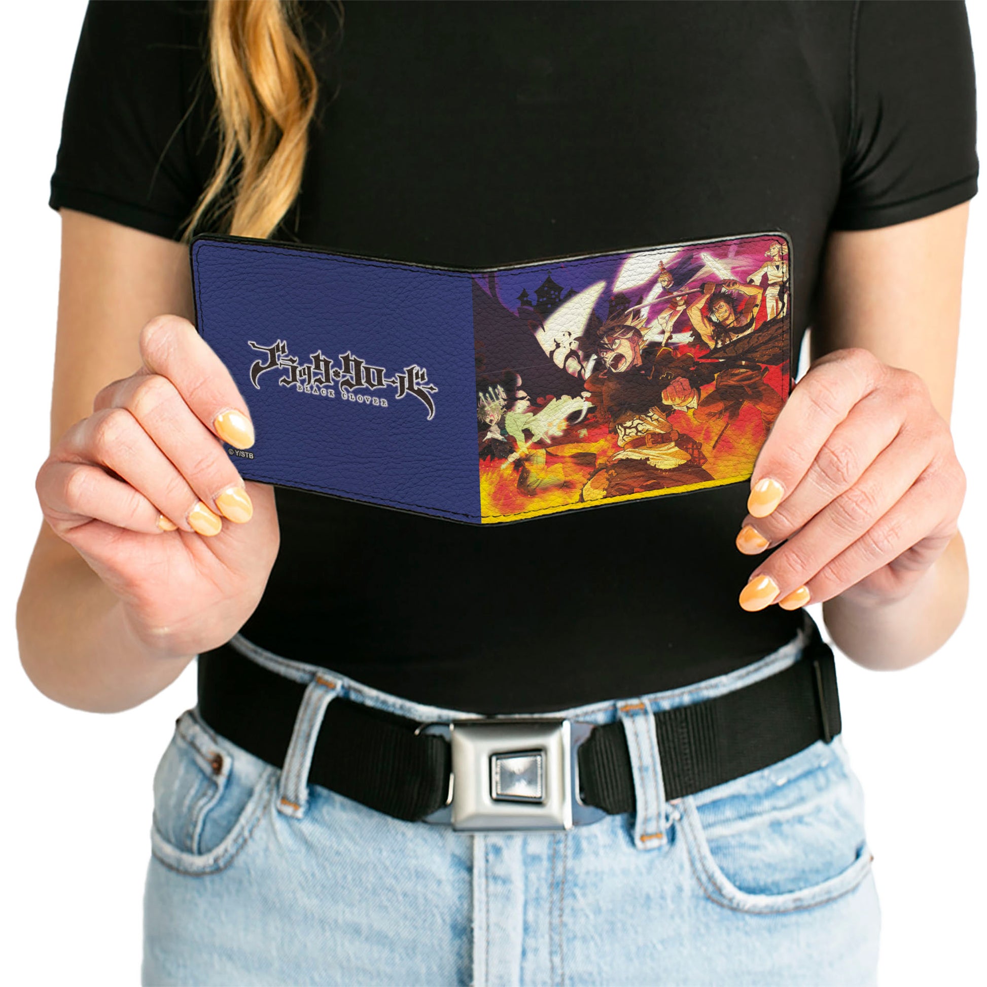 Bi-Fold Wallet - BLACK CLOVER Five Character Group Action Pose and Title Logo Purple Bi-Fold Wallets Black Clover