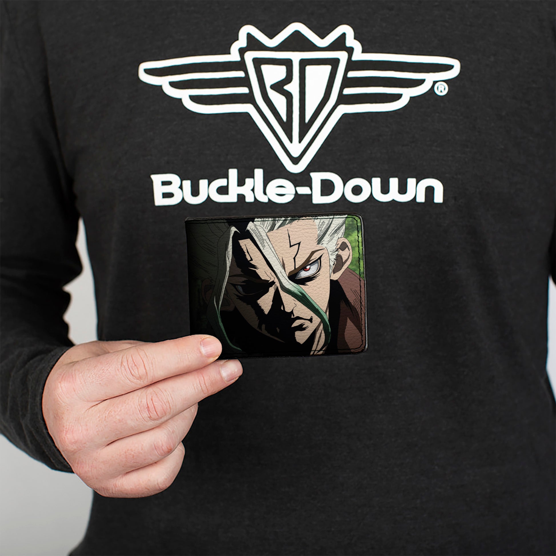 Bi-Fold Wallet - DR. STONE Senku Ishigami Ray of Despair Hope Pose and Title Logo Black Bi-Fold Wallets Dr. Stone