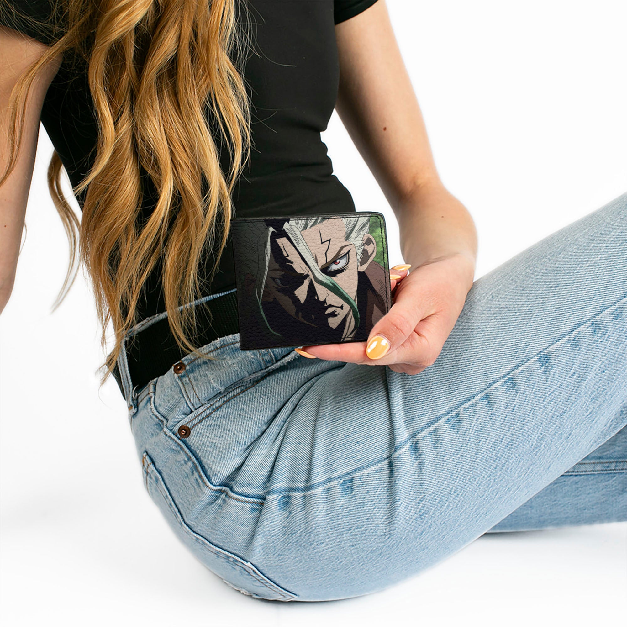 Bi-Fold Wallet - DR. STONE Senku Ishigami Ray of Despair Hope Pose and Title Logo Black Bi-Fold Wallets Dr. Stone