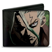 Bi-Fold Wallet - DR. STONE Senku Ishigami Ray of Despair Hope Pose and Title Logo Black Bi-Fold Wallets Dr. Stone