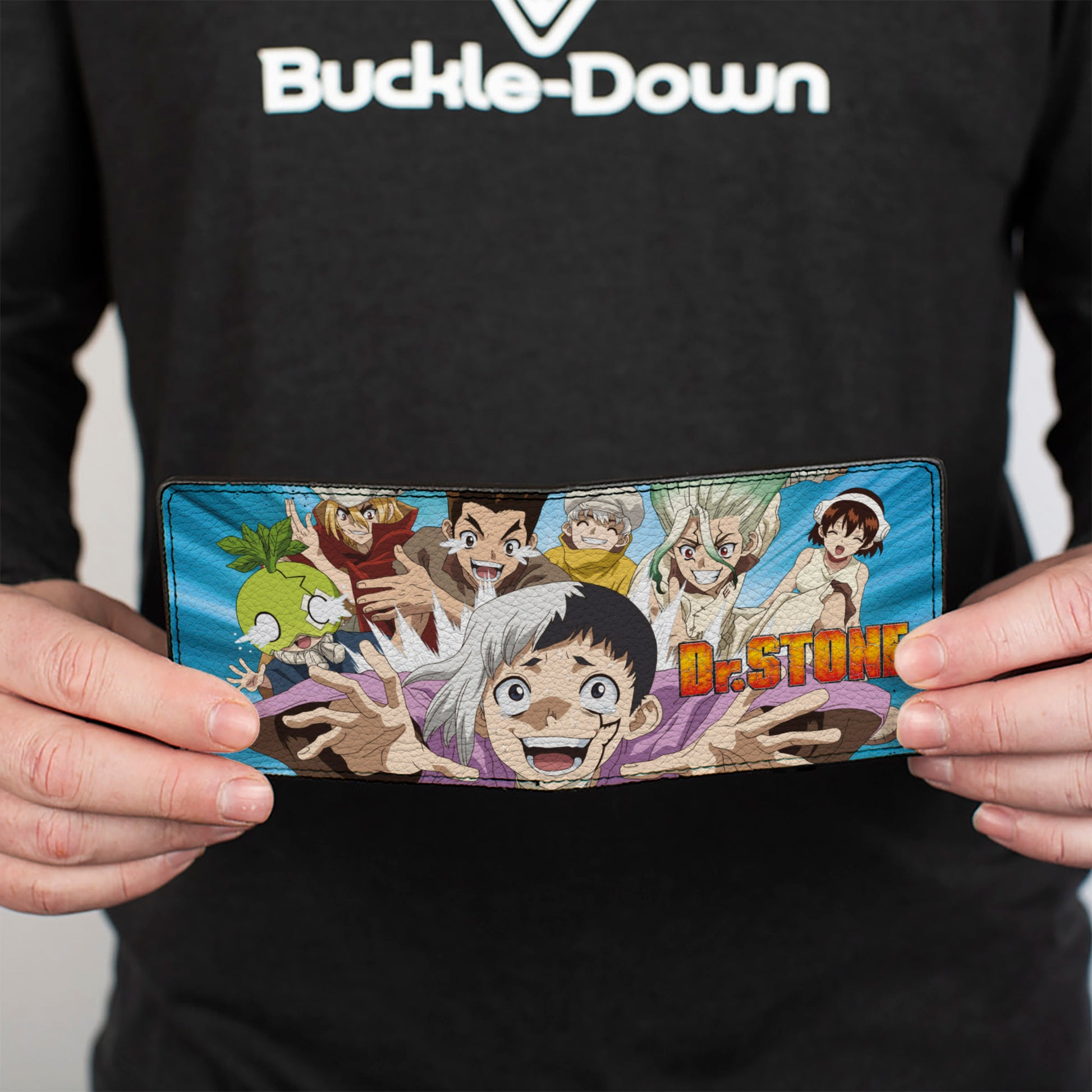 Bi-Fold Wallet - DR. STONE Character Group Rays Pose and Title Logo Blues Bi-Fold Wallets Dr. Stone