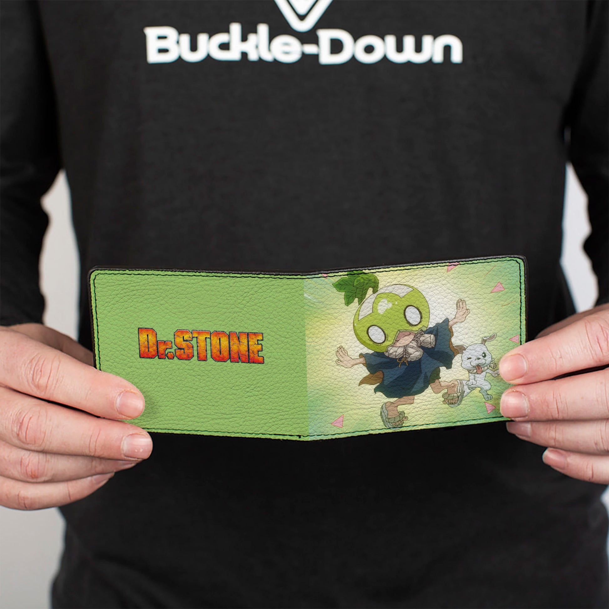 Bi-Fold Wallet - DR. STONE Suika and Chalk Dancing Pose and Title Logo Greens Bi-Fold Wallets Dr. Stone