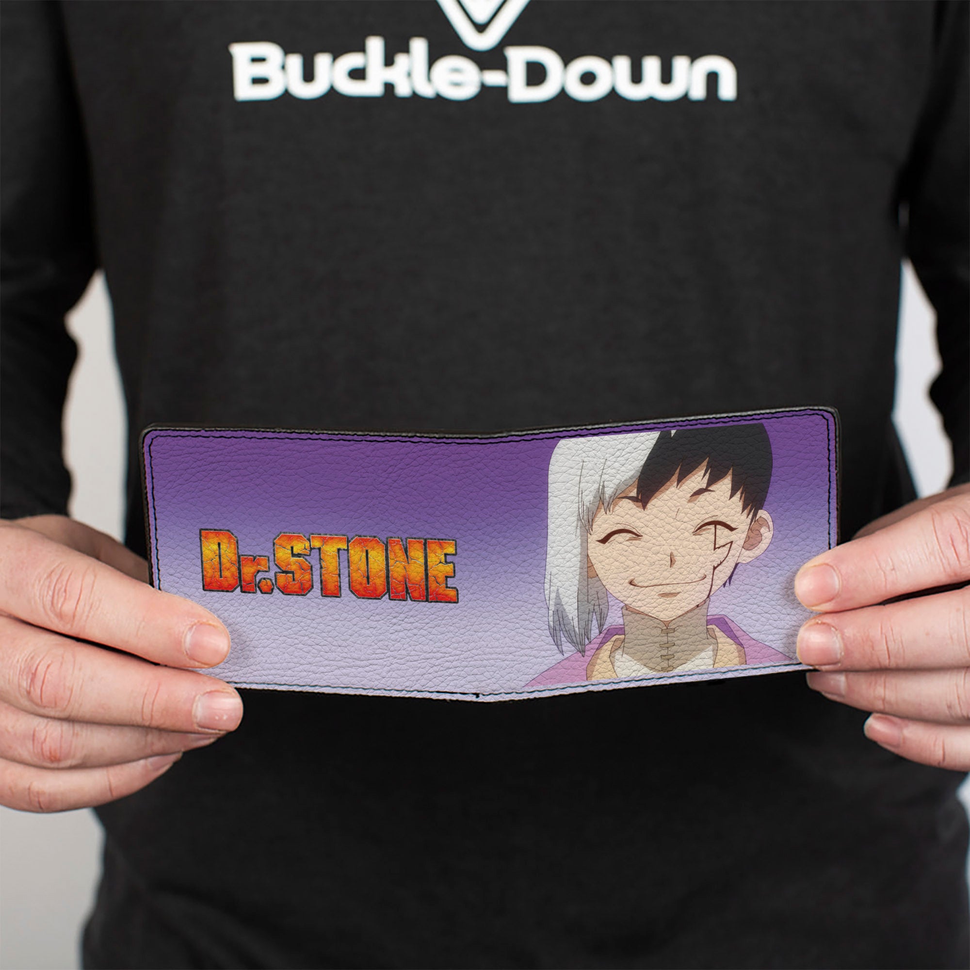 Bi-Fold Wallet - DR. STONE Gen Asagiri Smiling Pose and Title Logo Purples Bi-Fold Wallets Dr. Stone