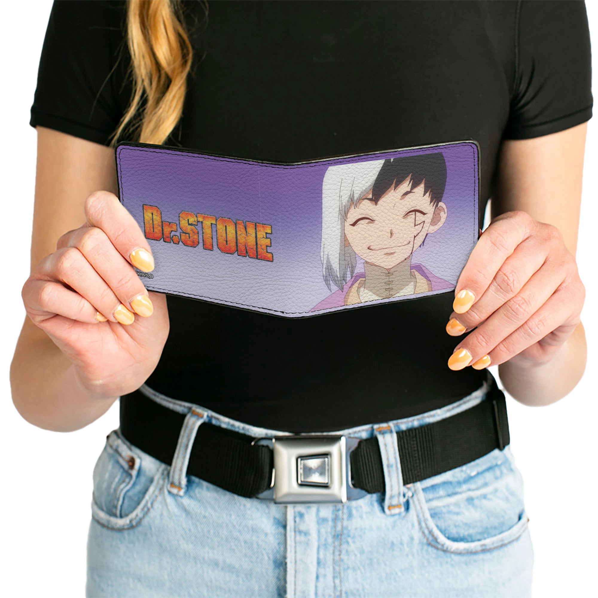 Bi-Fold Wallet - DR. STONE Gen Asagiri Smiling Pose and Title Logo Purples Bi-Fold Wallets Dr. Stone
