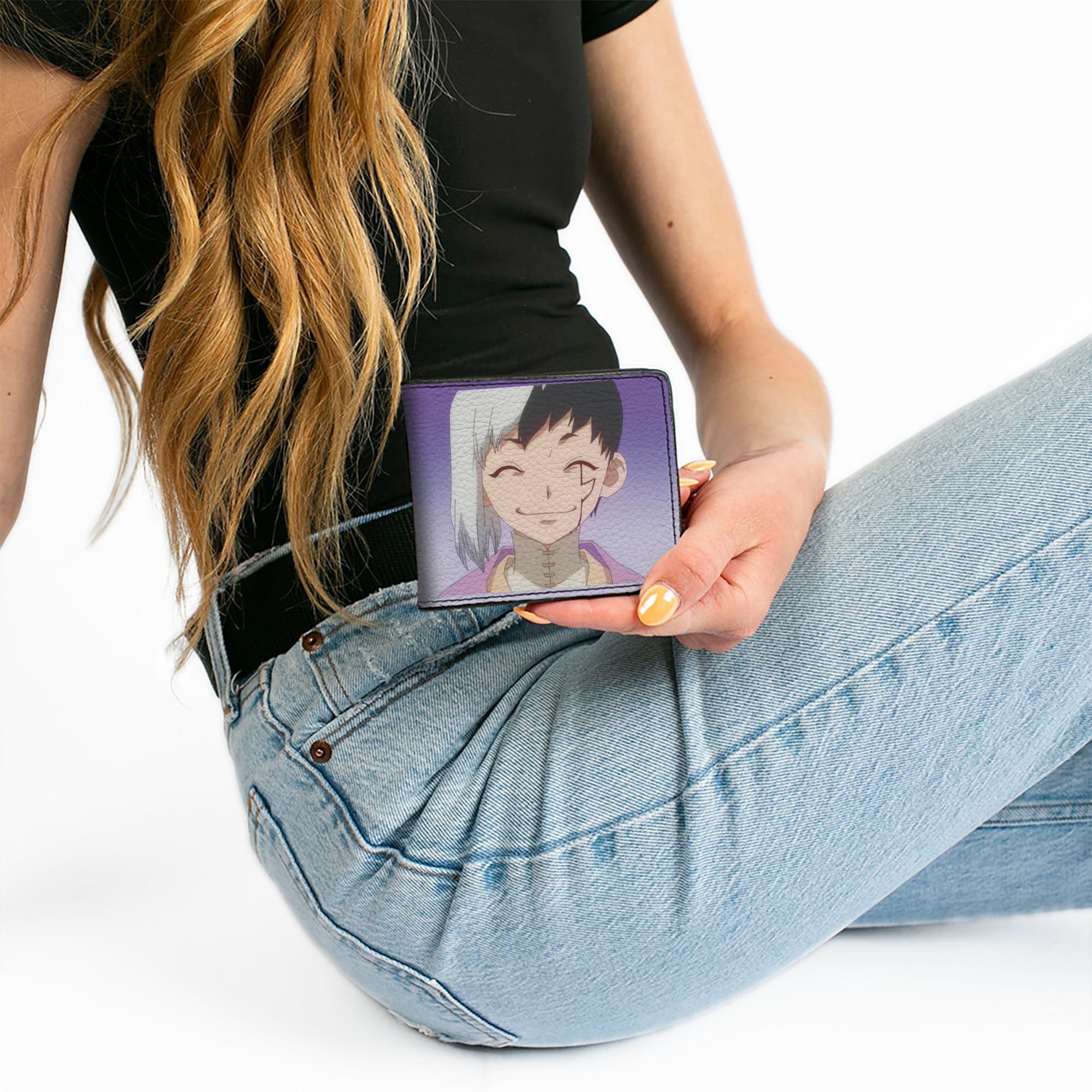 Bi-Fold Wallet - DR. STONE Gen Asagiri Smiling Pose and Title Logo Purples Bi-Fold Wallets Dr. Stone