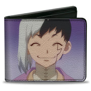 Bi-Fold Wallet - DR. STONE Gen Asagiri Smiling Pose and Title Logo Purples Bi-Fold Wallets Dr. Stone