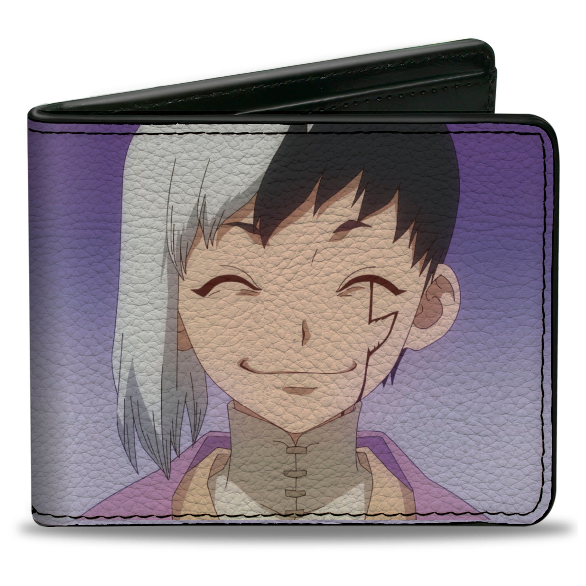 Bi-Fold Wallet - DR. STONE Gen Asagiri Smiling Pose and Title Logo Purples Bi-Fold Wallets Dr. Stone