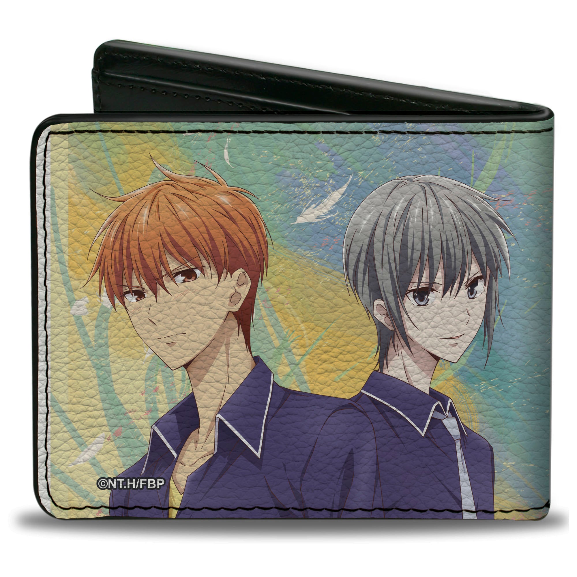 Bi-Fold Wallet - Fruits Basket Kyo Yuki and Tohru with Cat Rat and Dog Group Pose Greens/Blues Bi-Fold Wallets Fruits Basket
