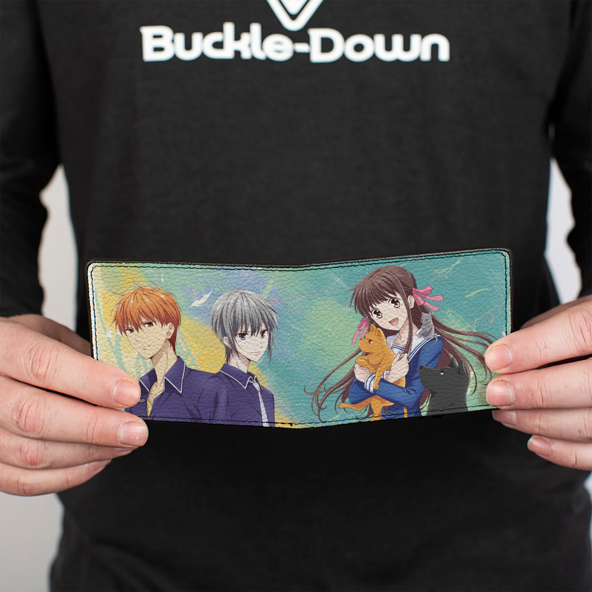 Bi-Fold Wallet - Fruits Basket Kyo Yuki and Tohru with Cat Rat and Dog Group Pose Greens/Blues Bi-Fold Wallets Fruits Basket