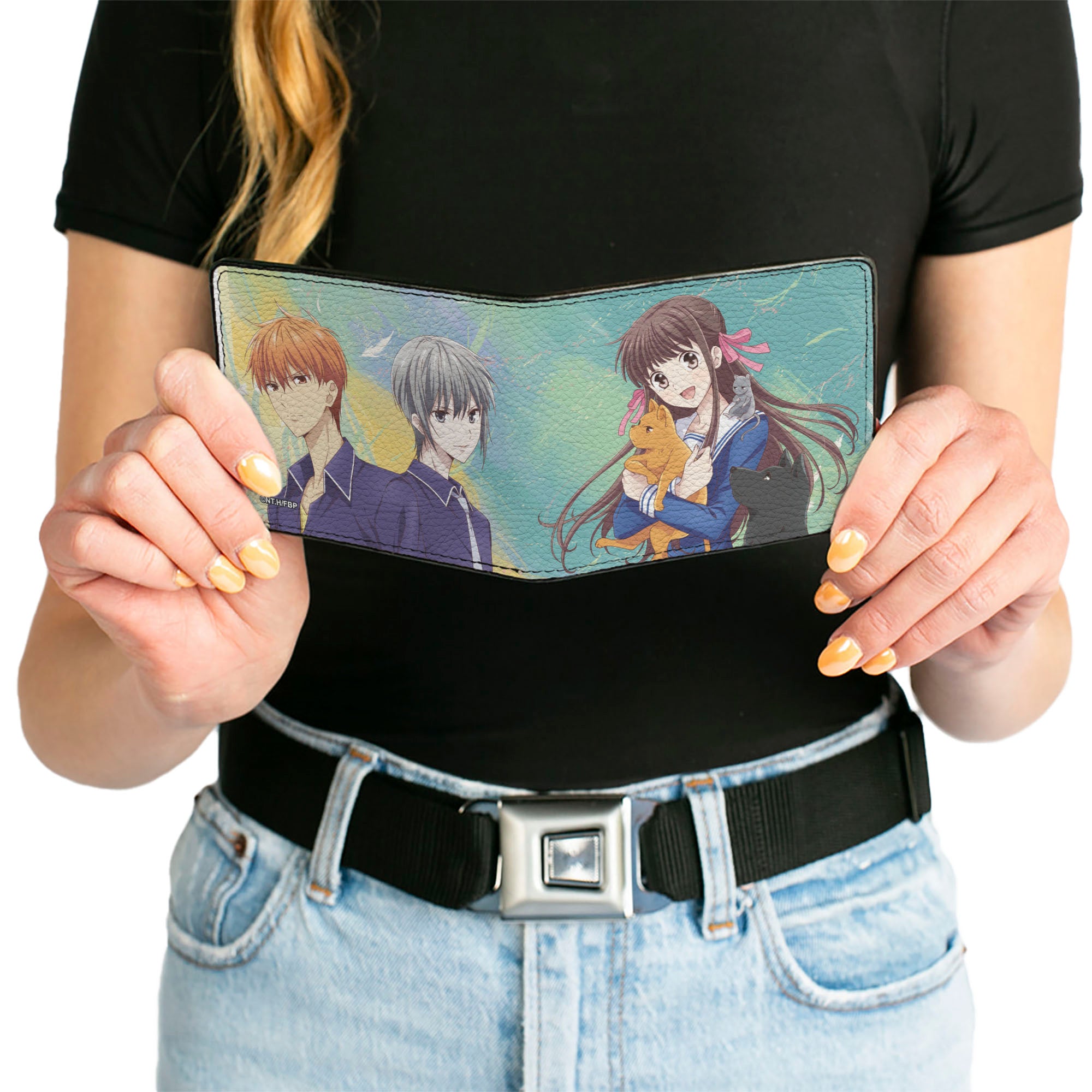 Bi-Fold Wallet - Fruits Basket Kyo Yuki and Tohru with Cat Rat and Dog Group Pose Greens/Blues Bi-Fold Wallets Fruits Basket