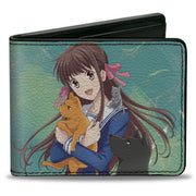 Bi-Fold Wallet - Fruits Basket Kyo Yuki and Tohru with Cat Rat and Dog Group Pose Greens/Blues Bi-Fold Wallets Fruits Basket