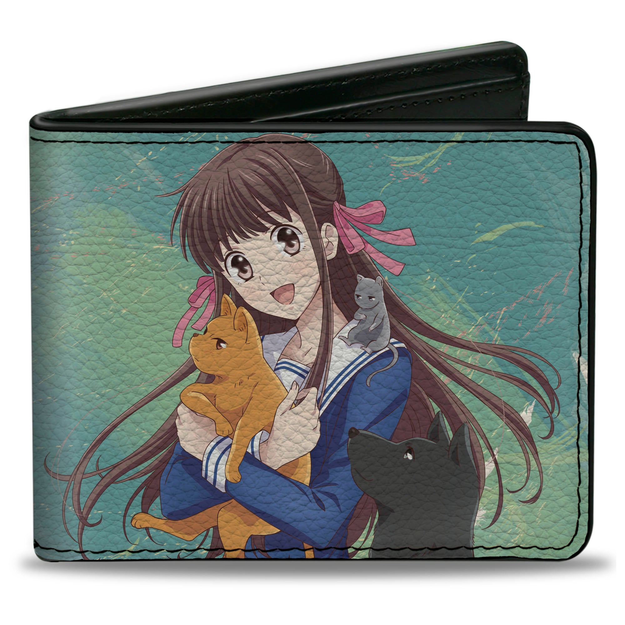 Bi-Fold Wallet - Fruits Basket Kyo Yuki and Tohru with Cat Rat and Dog Group Pose Greens/Blues Bi-Fold Wallets Fruits Basket