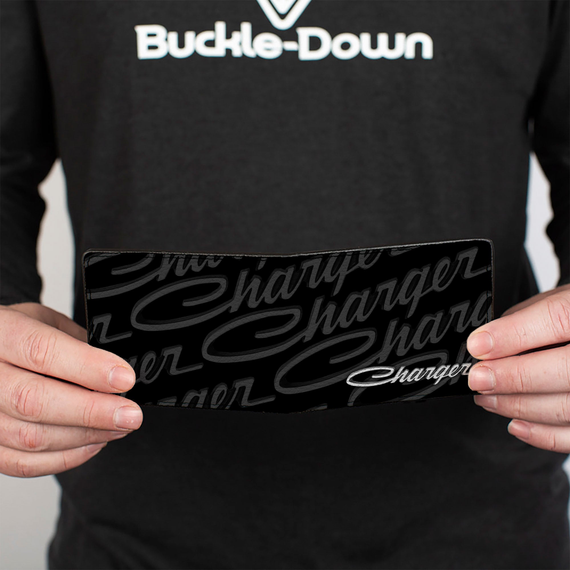 Bi-Fold Wallet - CHARGER Script Emblem Repeat Corner Black Grays White Bi-Fold Wallets Dodge