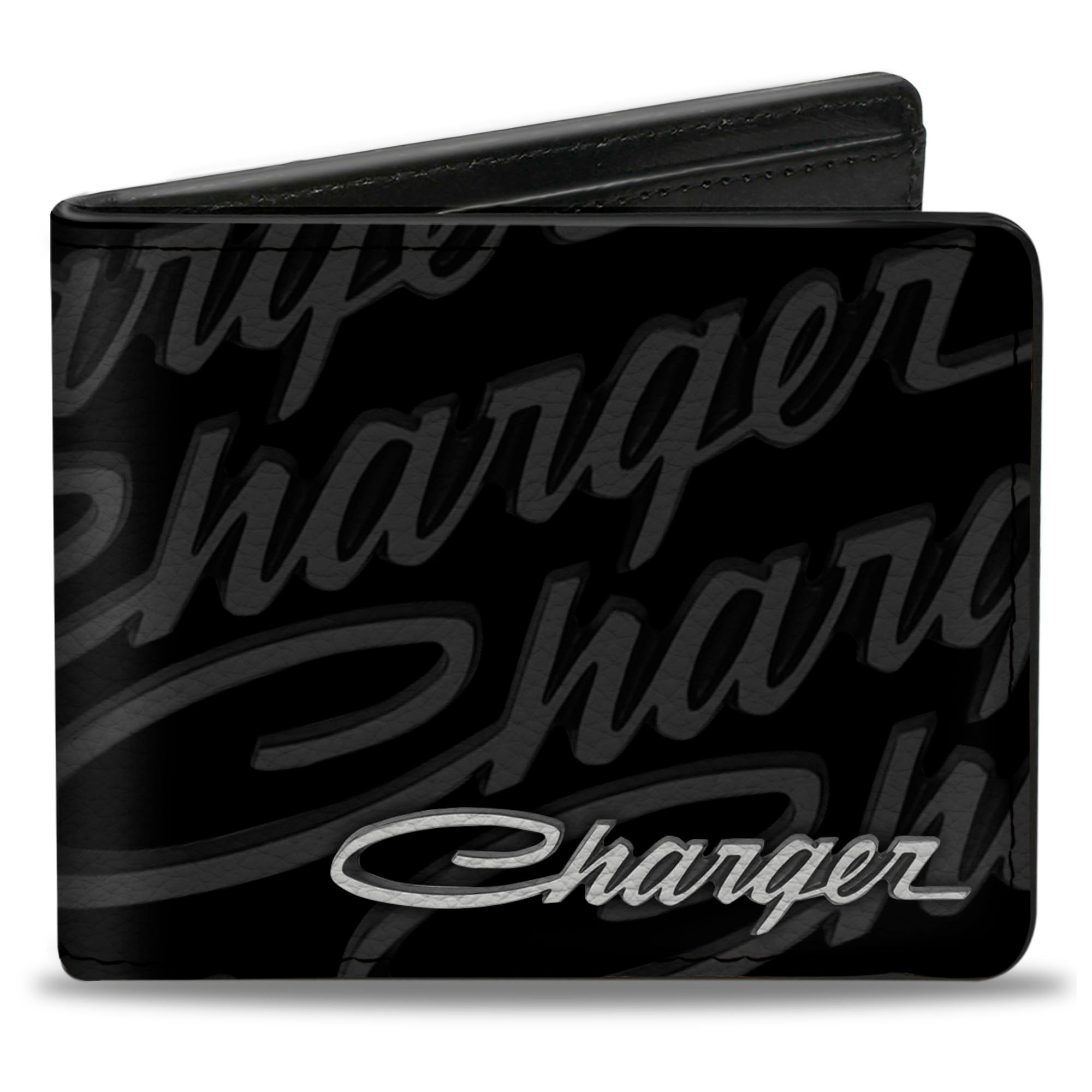 Bi-Fold Wallet - CHARGER Script Emblem Repeat Corner Black Grays White Bi-Fold Wallets Dodge