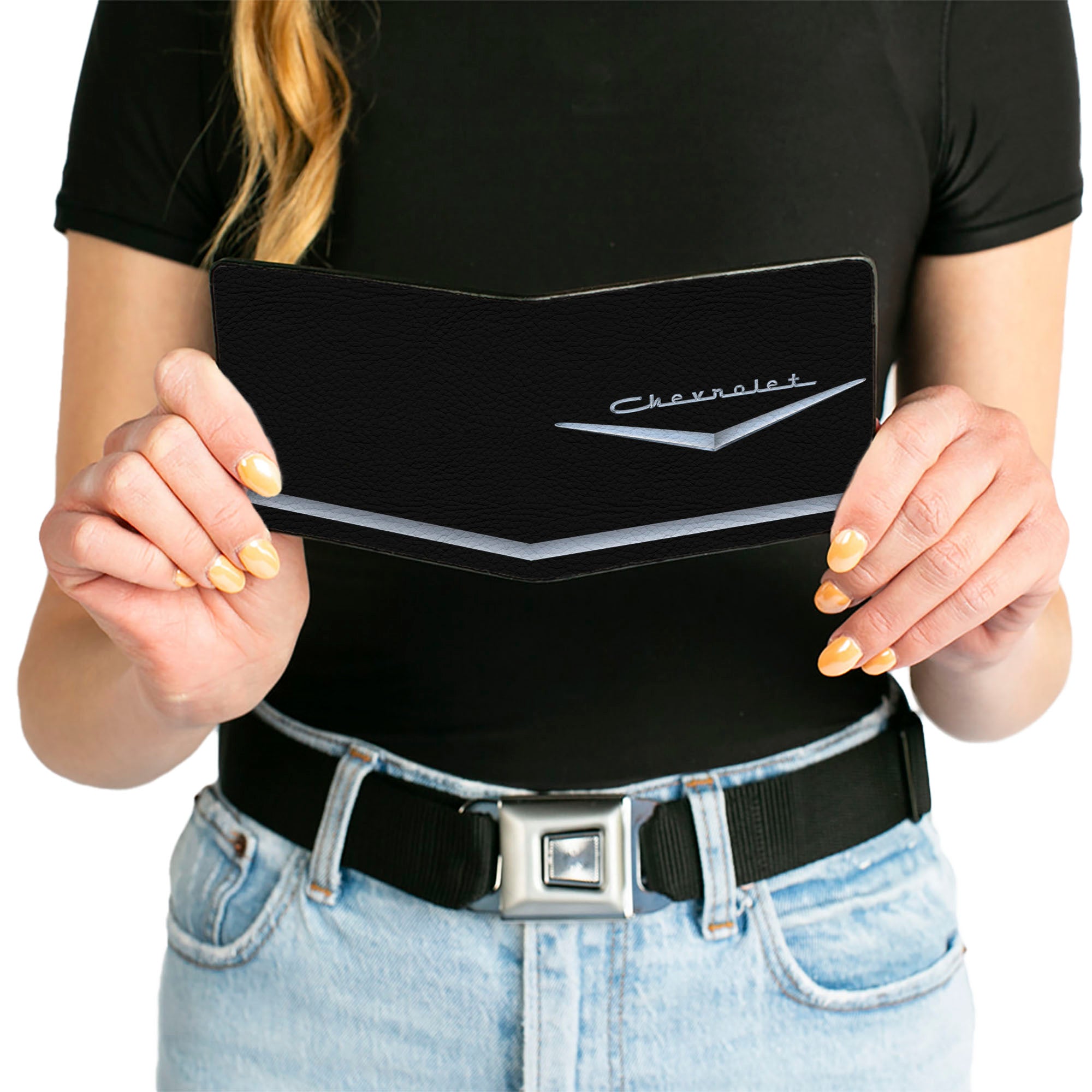 Bi-Fold Wallet - 1955-57 CHEVROLET V Emblem Stripe Black Silver Bi-Fold Wallets GM General Motors