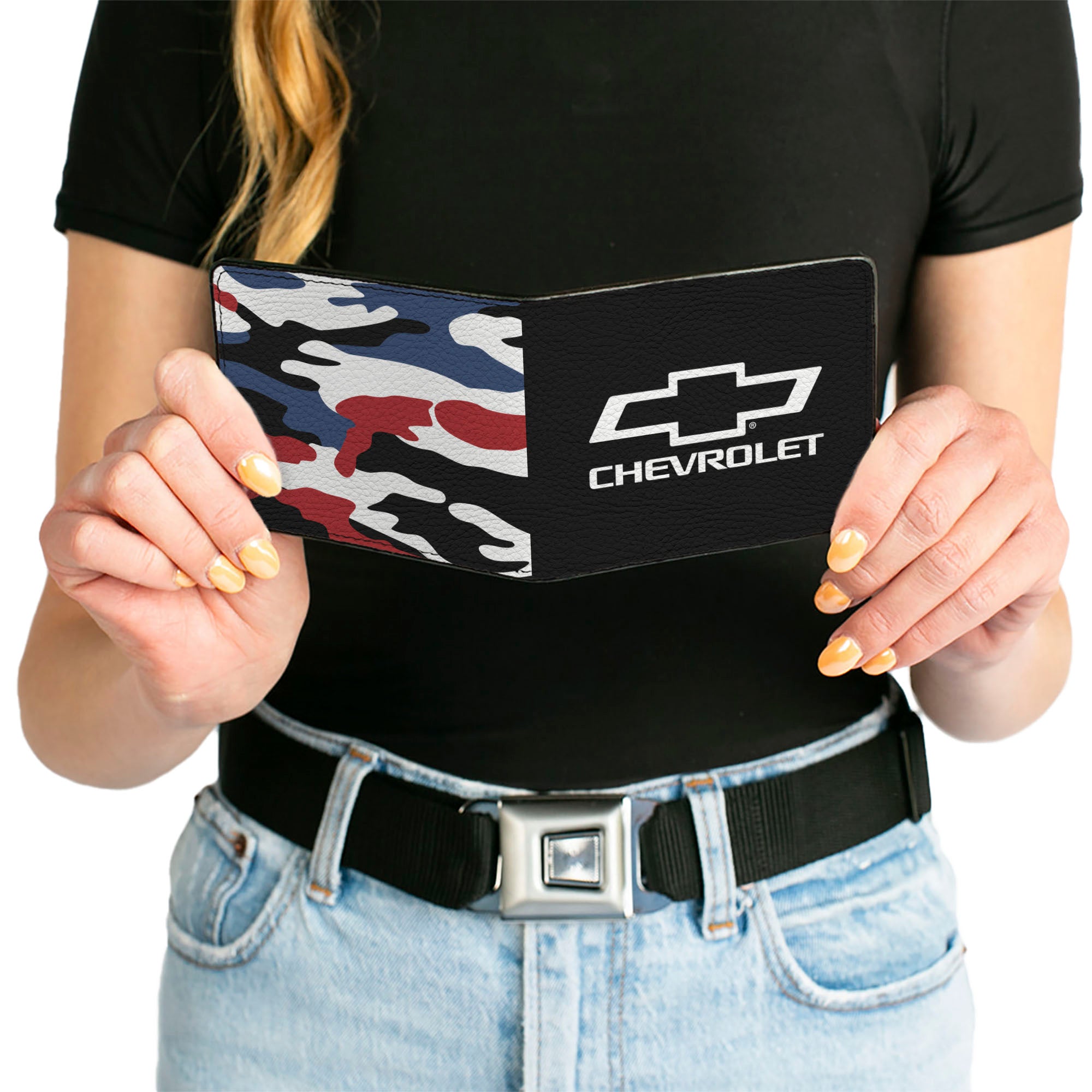 Bi-Fold Wallet - CHEVROLET Bowtie + Americana Camo Black White Red Blue Bi-Fold Wallets GM General Motors