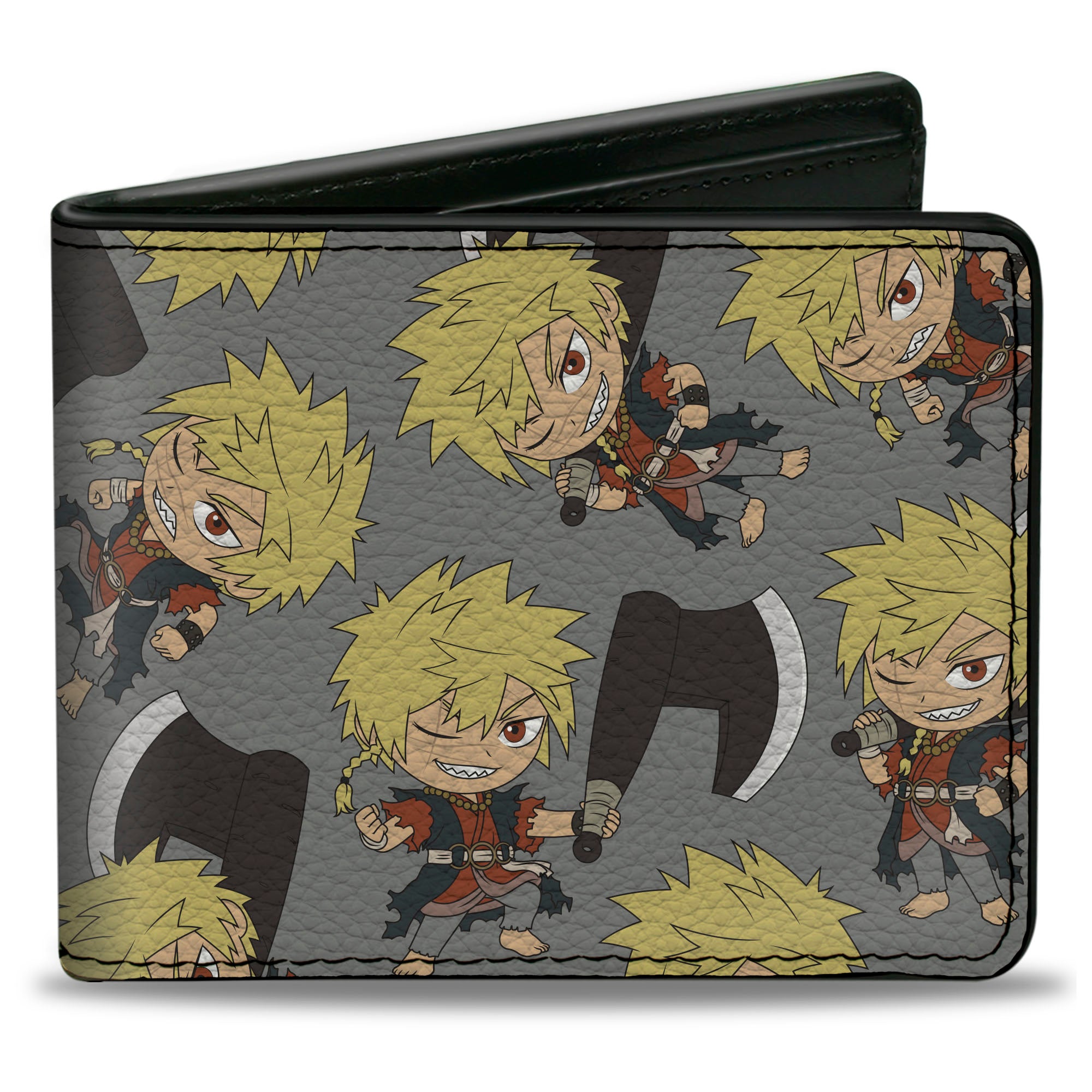 Bi-Fold Wallet - Hell's Paradise Chibi Aza Chobei Axe Poses Scattered Gray Bi-Fold Wallets Hell's Paradise