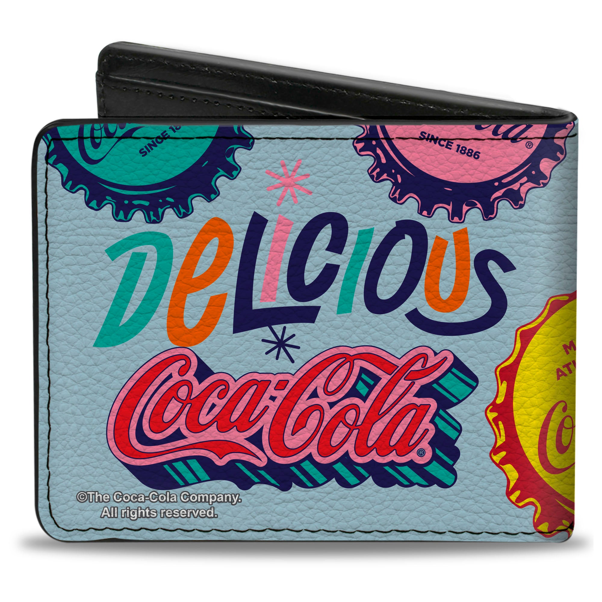 Bi-Fold Wallet - COCA-COLA DELICIOUS REFRESHING Bottle Caps Light Blue/Multi Color Bi-Fold Wallets Coca-Cola