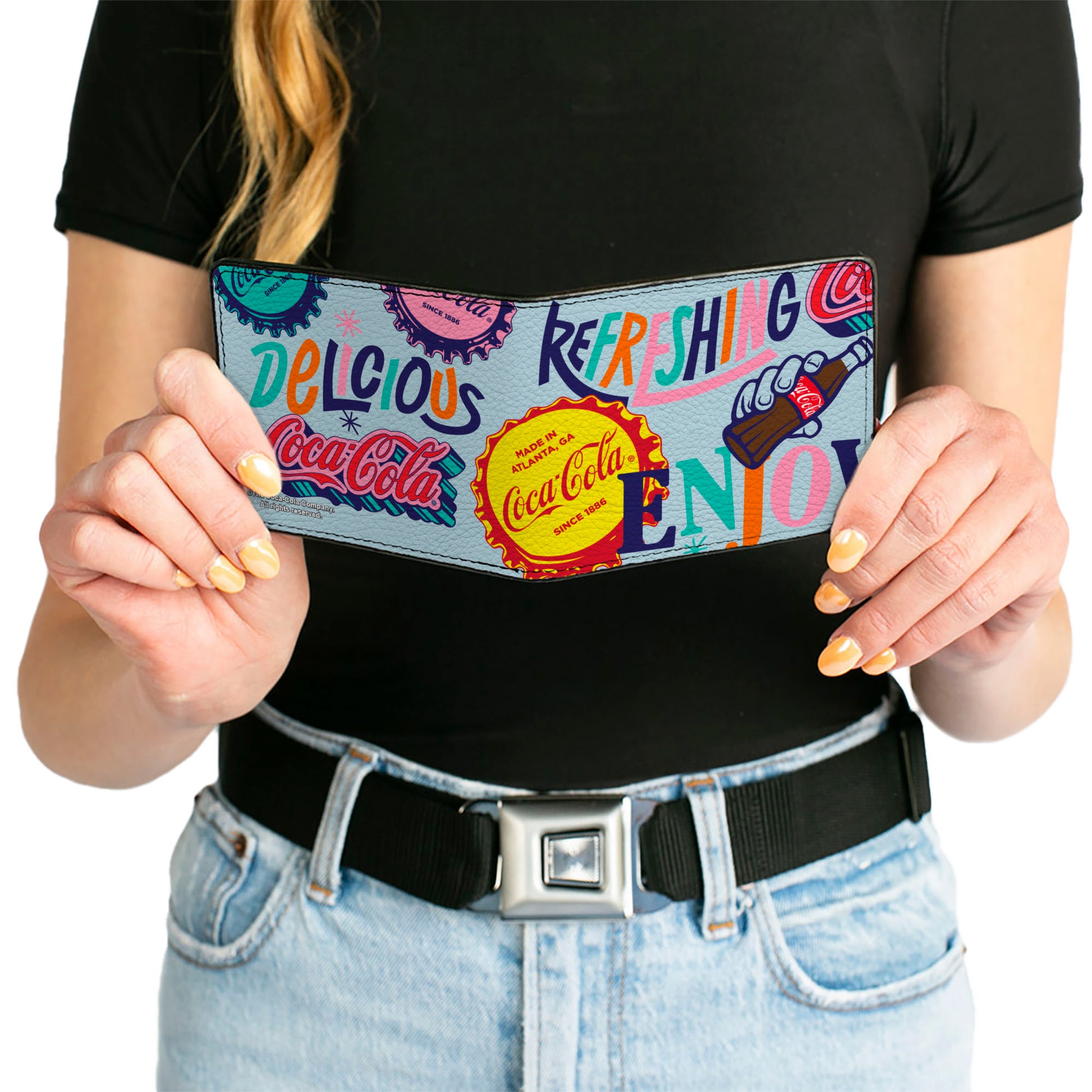 Bi-Fold Wallet - COCA-COLA DELICIOUS REFRESHING Bottle Caps Light Blue/Multi Color Bi-Fold Wallets Coca-Cola