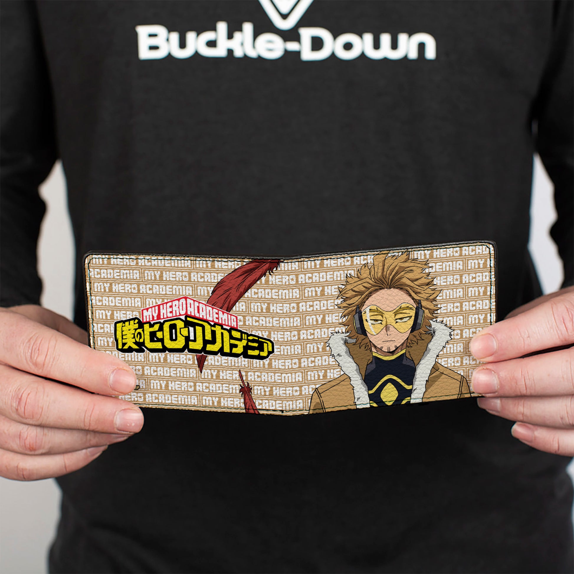 Bi-Fold Wallet - MY HERO ACADEMIA Hawks Pose with Text and Title Logo Tan/White Bi-Fold Wallets My Hero Academia