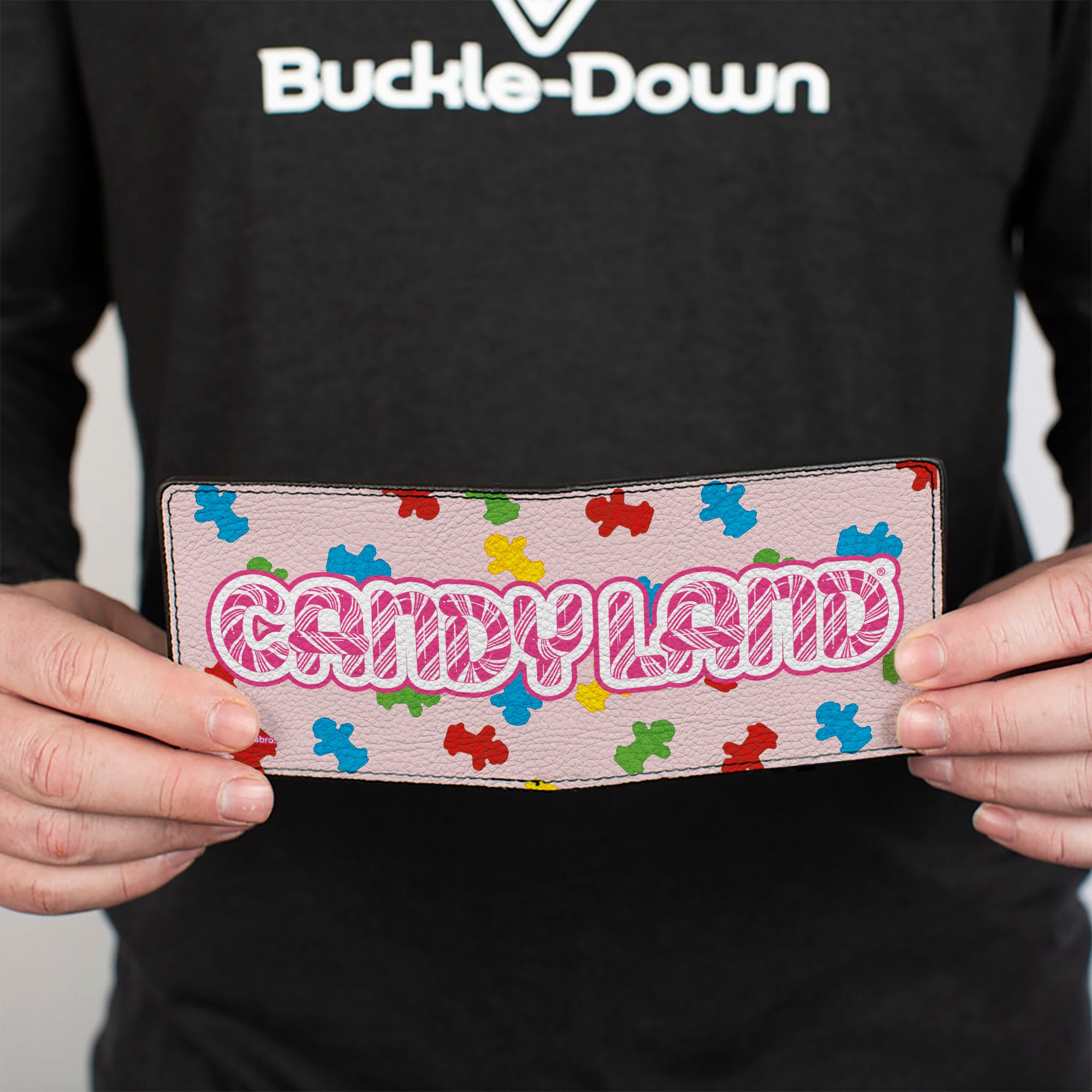 Bi-Fold Wallet - CANDYLAND Title Logo and Gingerbread Token Icons Scattered Pink Bi-Fold Wallets Candy Land