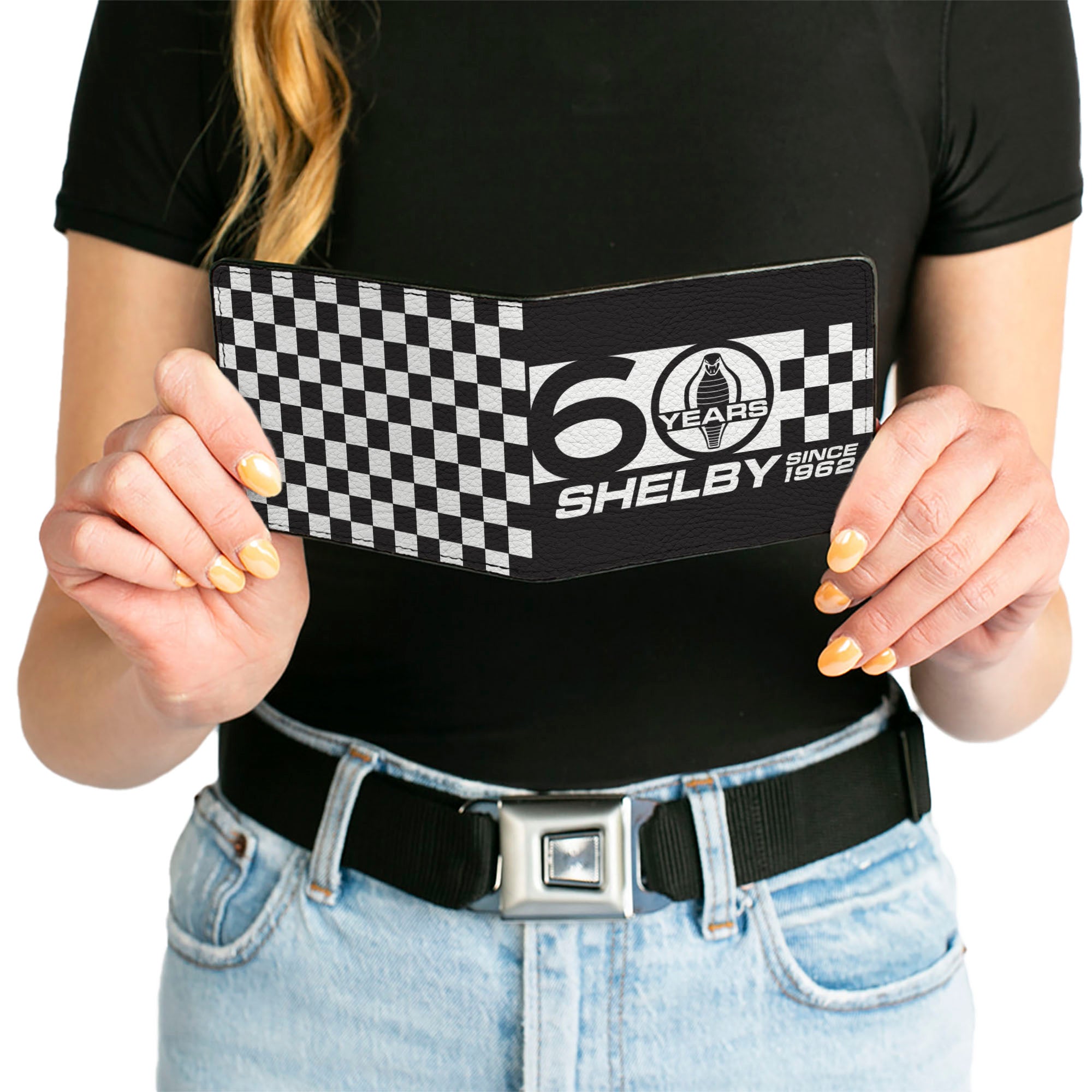 Bi-Fold Wallet - Carroll Shelby 60 YEARS-SHELBY SINCE 1962 Checker Logo Black White Bi-Fold Wallets Shelby