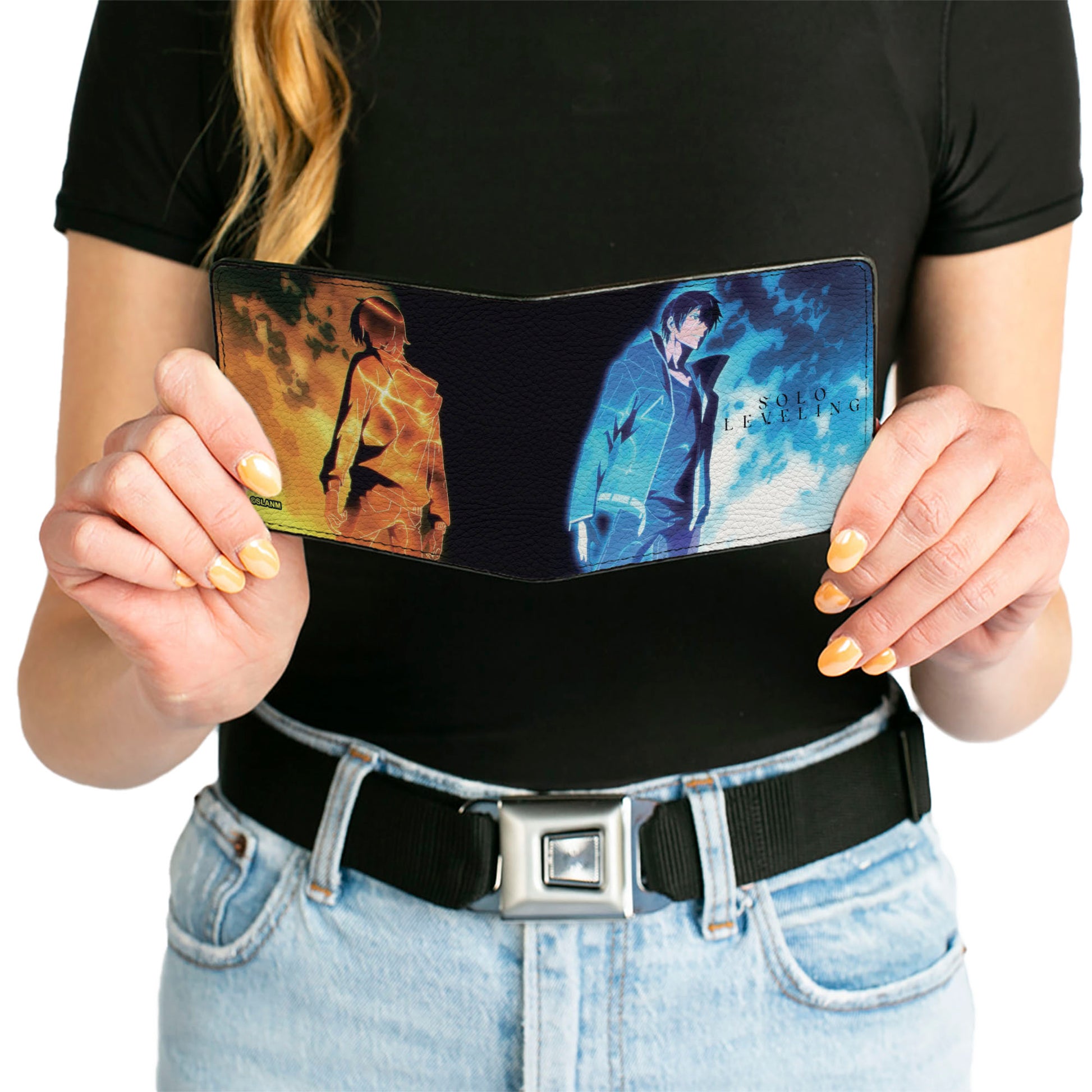 Bi-Fold Wallet - SOLO LEVELING Sung Jinwoo Blue and Red Flame Poses and Title Logo Bi-Fold Wallets Solo Leveling