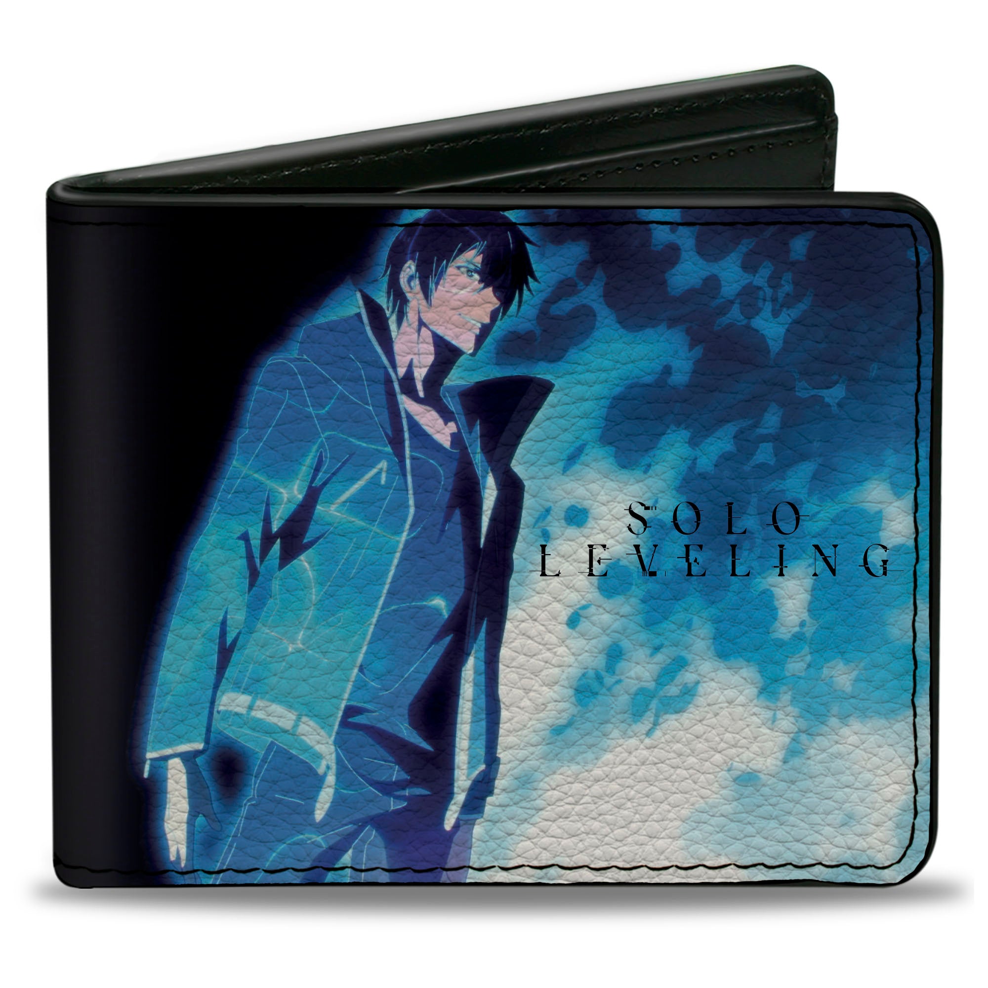 Bi-Fold Wallet - SOLO LEVELING Sung Jinwoo Blue and Red Flame Poses and Title Logo Bi-Fold Wallets Solo Leveling