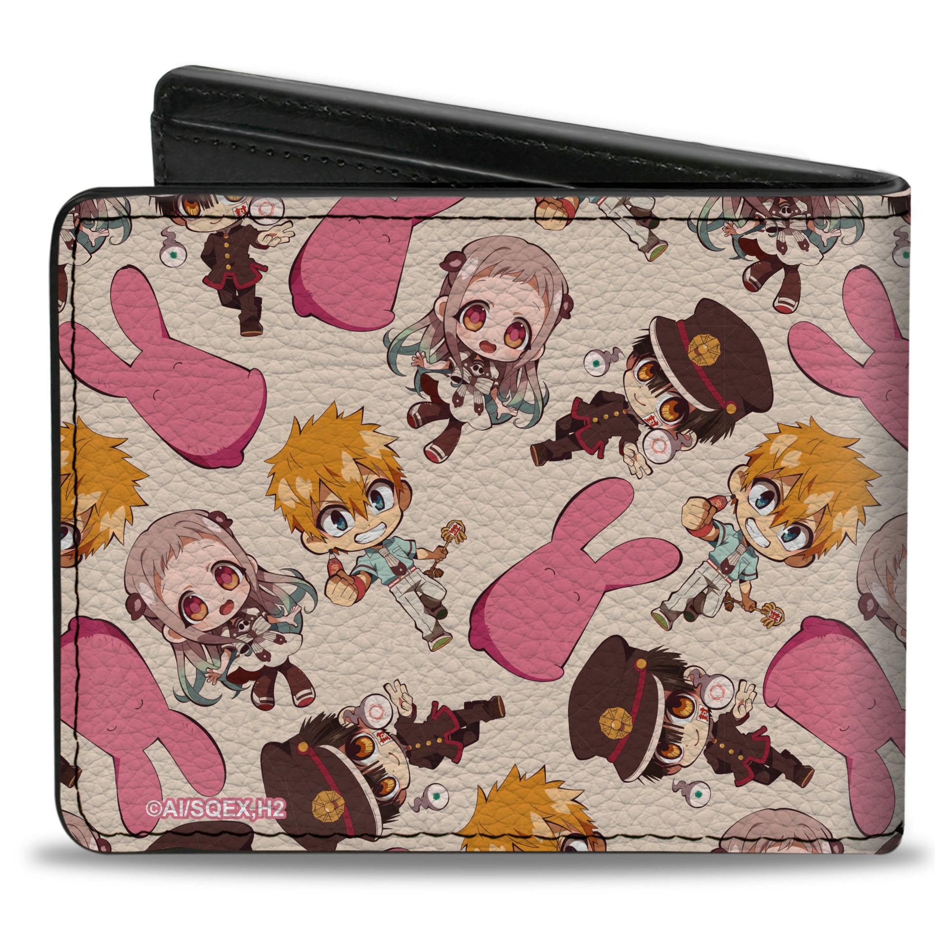 Bi-Fold Wallet - TOILET-BOUND HANAKO-KUN Four Chibi Character Poses Scattered Beige Bi-Fold Wallets Toilet-Bound Hanako-Kun