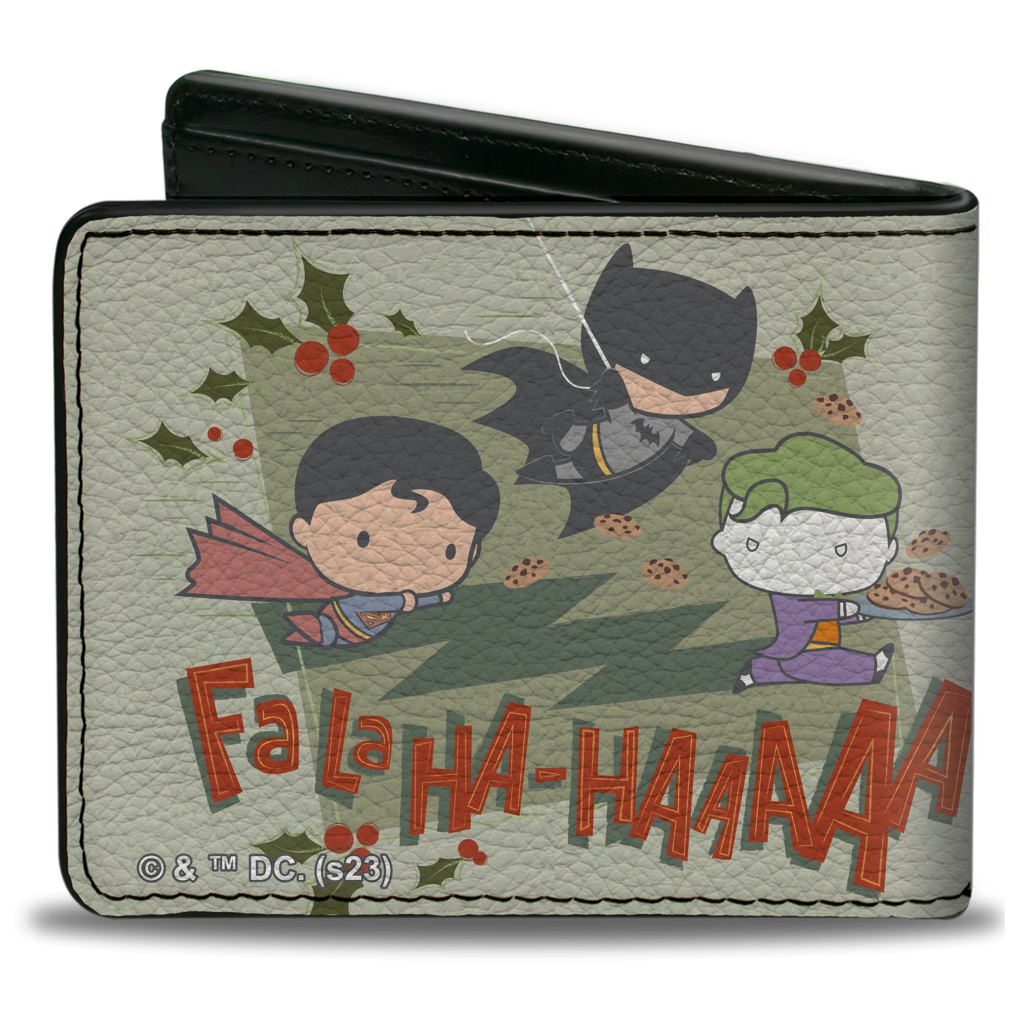Bi-Fold Wallet - Justice League Chibi Holiday Christmas Superman and Batman Chasing Joker FALAHA-HAAAAA Greens Bi-Fold Wallets DC Comics