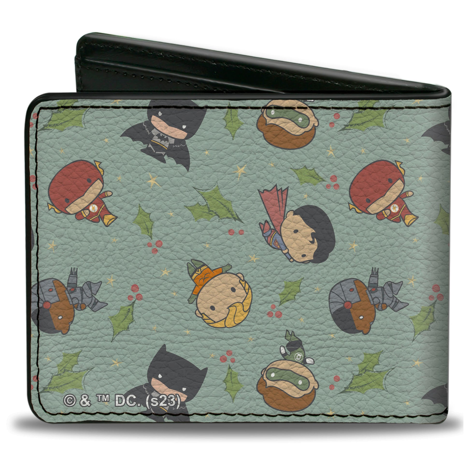 Bi-Fold Wallet - Justice League Chibi Holiday Christmas Superhero Poses and Holly Scattered Bi-Fold Wallets DC Comics