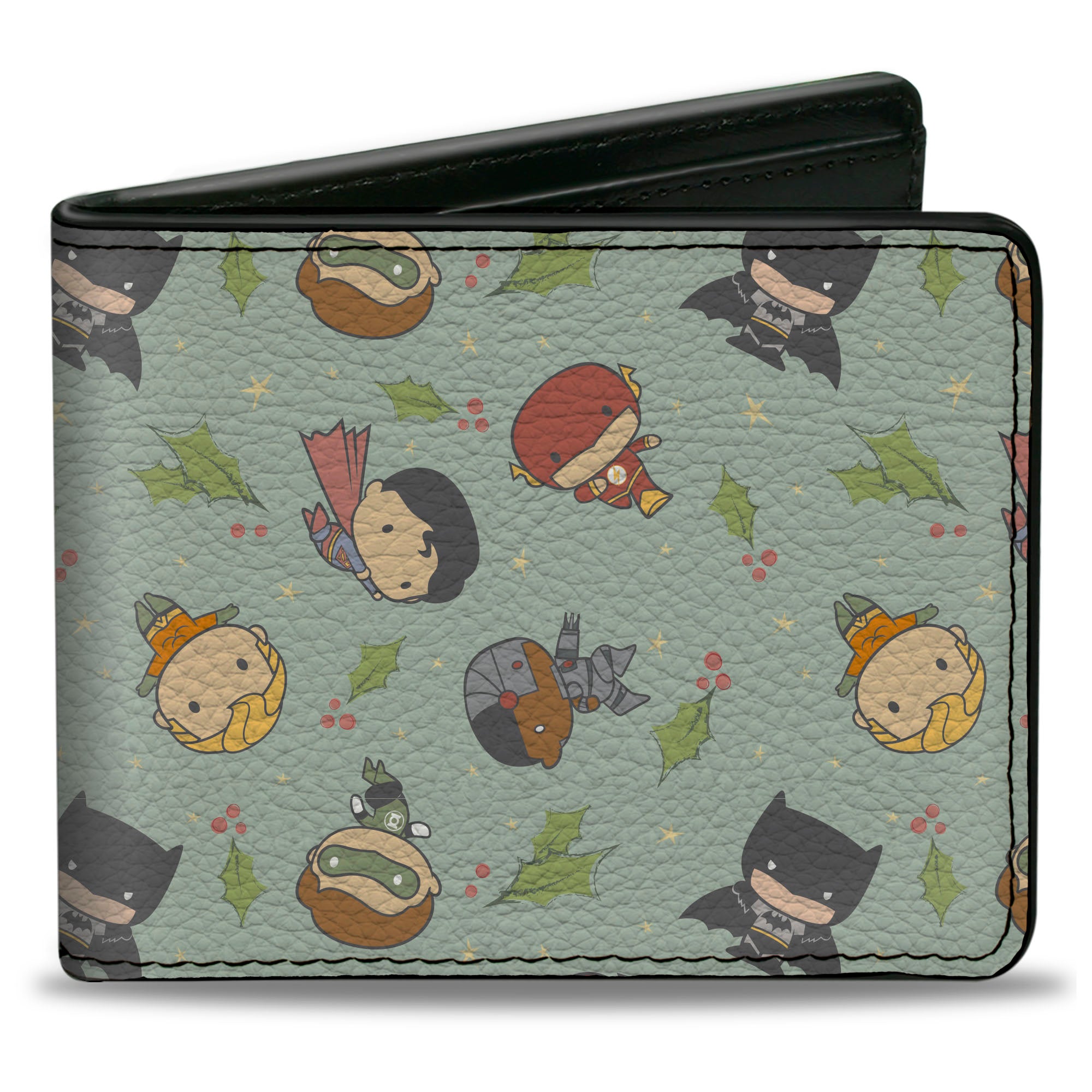 Bi-Fold Wallet - Justice League Chibi Holiday Christmas Superhero Poses and Holly Scattered Bi-Fold Wallets DC Comics