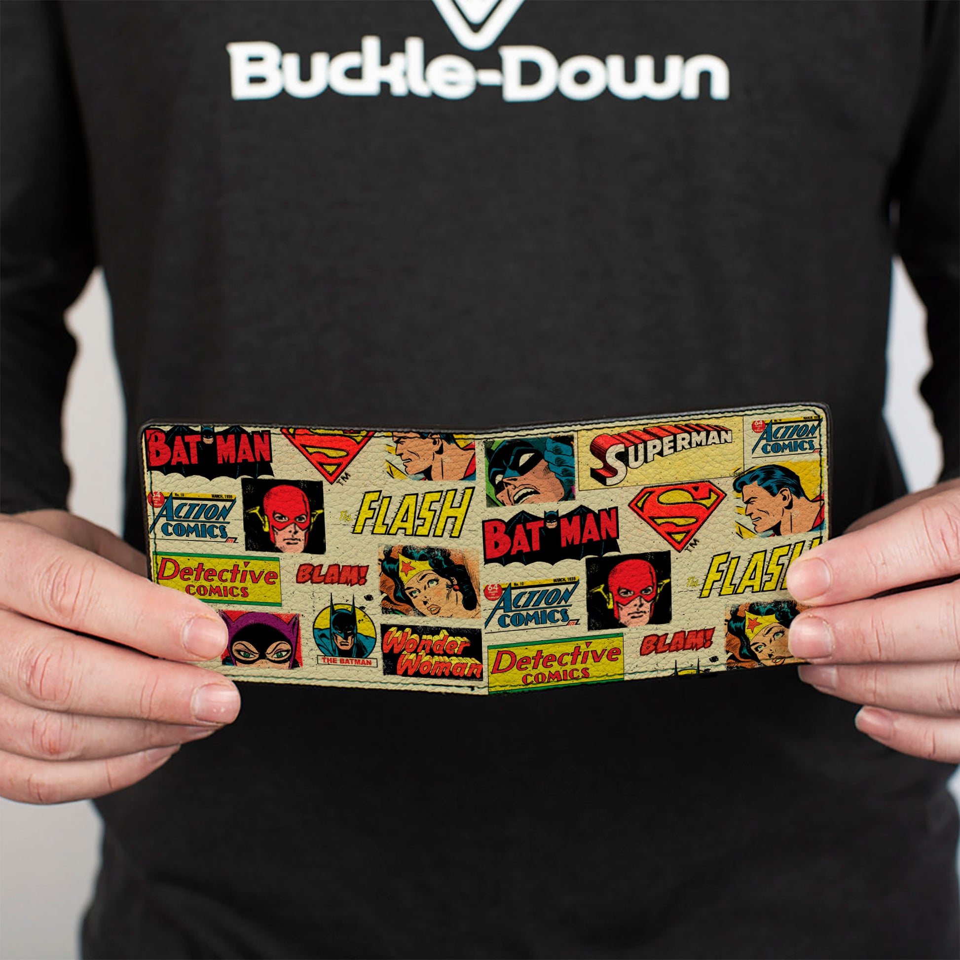 Bi-Fold Wallet - DC Comics Retro Superhero Faces and Logos Collage Ivory Bi-Fold Wallets DC Comics