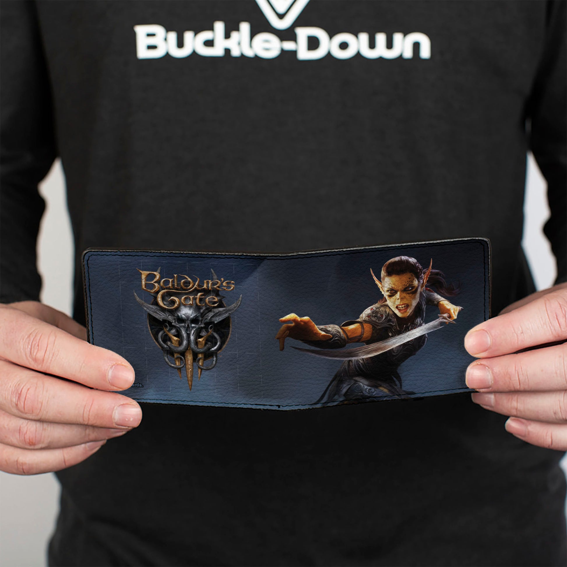 Bi-Fold Wallet - BALDUR'S GATE Lae'zel Sword Pose and Title Logo Bi-Fold Wallets Baldur's Gate III