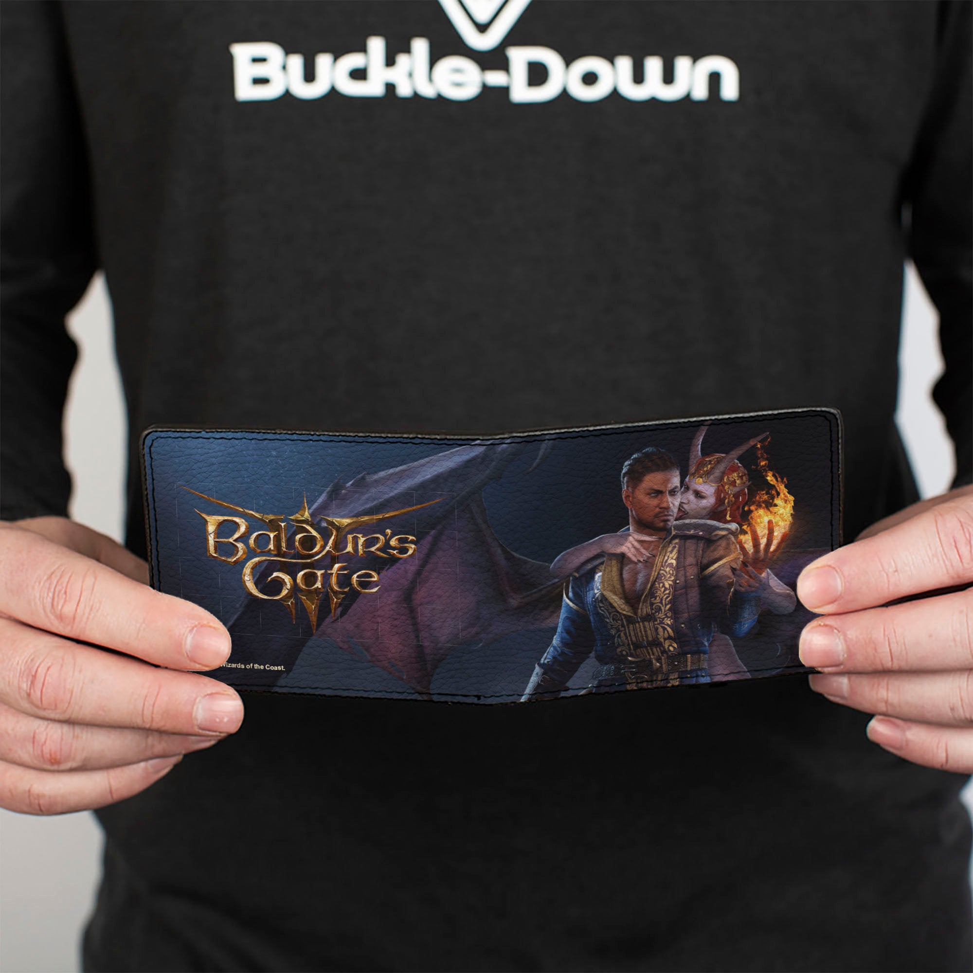Bi-Fold Wallet - BALDUR'S GATE III Wyll and Mizora Flame Pose Scene and Title Logo Bi-Fold Wallets Baldur's Gate III
