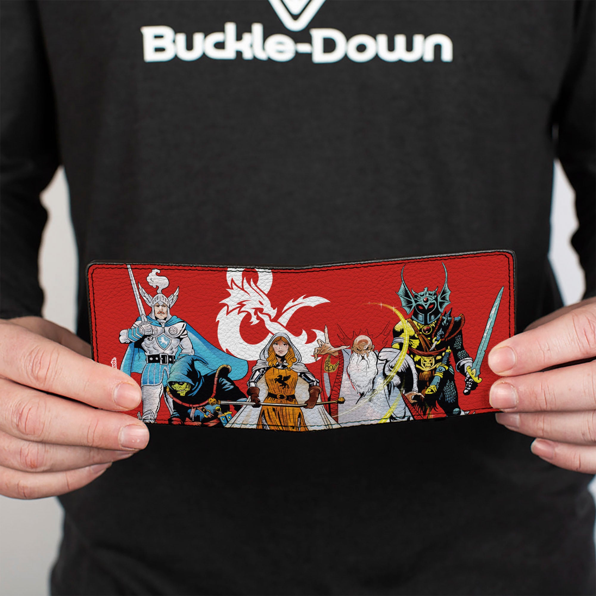 Bi-Fold Wallet - Dungeons & Dragons Five Action Figure Group Pose and Ampersand Logo Red/White Bi-Fold Wallets Dungeons & Dragons