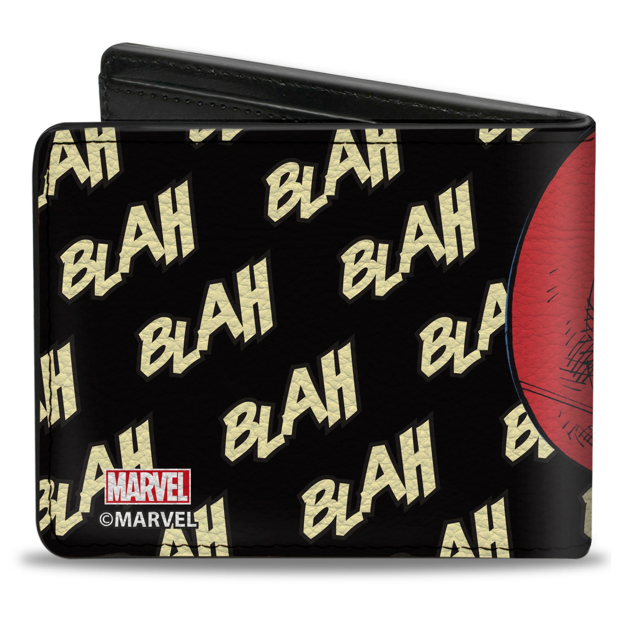 MARVEL DEADPOOL Bi-Fold Wallet - Deadpool Face CLOSE-UP/BLAH BLAH BLAH Text Black/Ivory Bi-Fold Wallets Marvel Comics