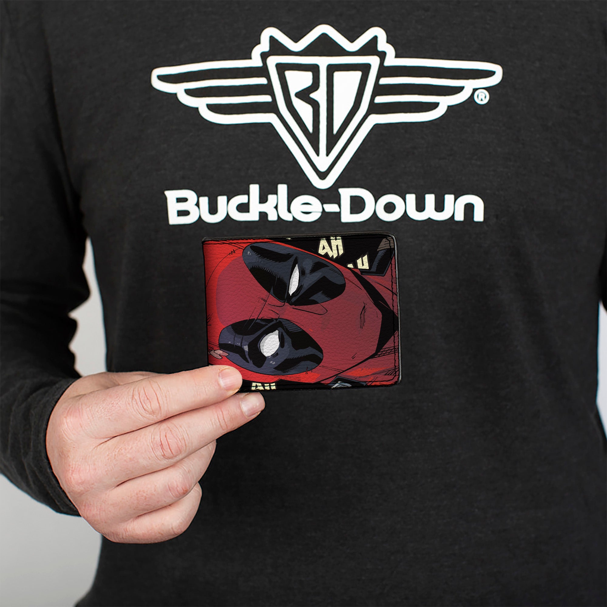 MARVEL DEADPOOL Bi-Fold Wallet - Deadpool Face CLOSE-UP/BLAH BLAH BLAH Text Black/Ivory Bi-Fold Wallets Marvel Comics