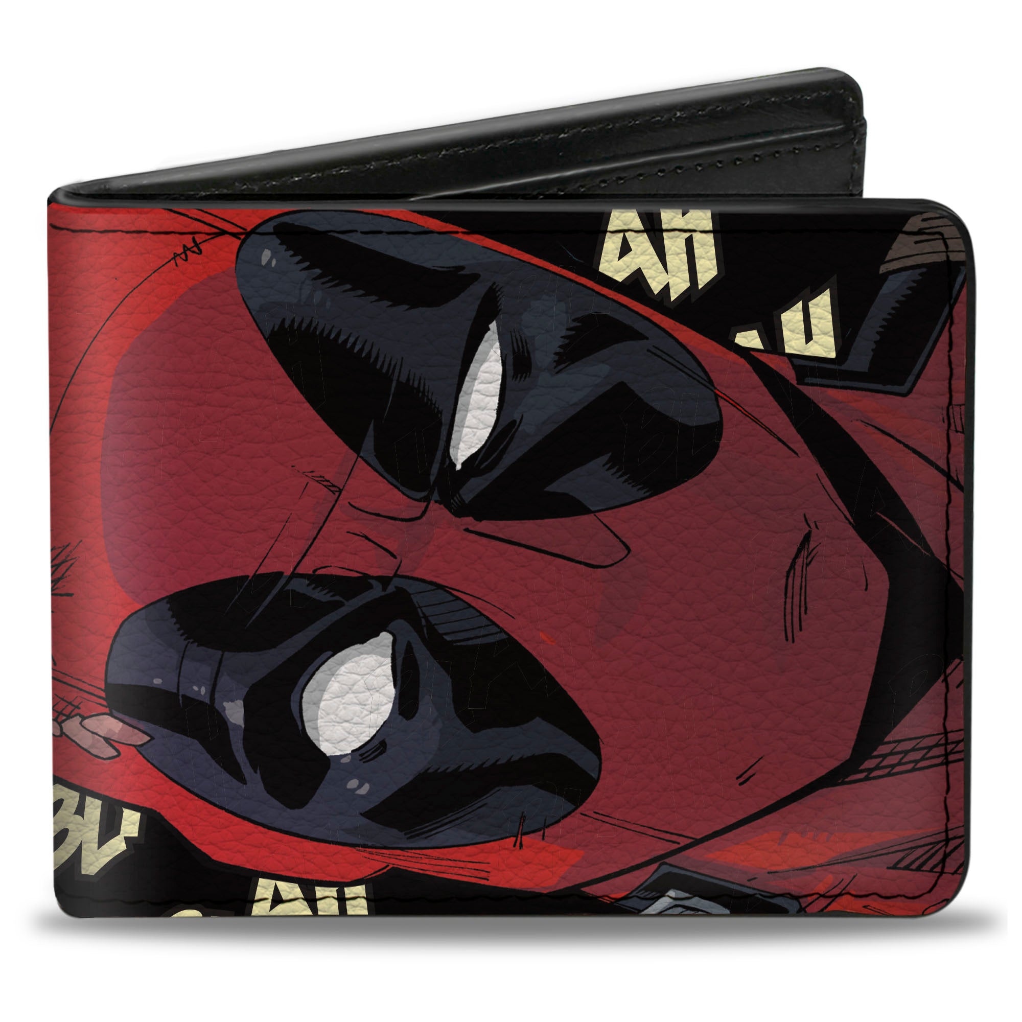 MARVEL DEADPOOL Bi-Fold Wallet - Deadpool Face CLOSE-UP/BLAH BLAH BLAH Text Black/Ivory Bi-Fold Wallets Marvel Comics