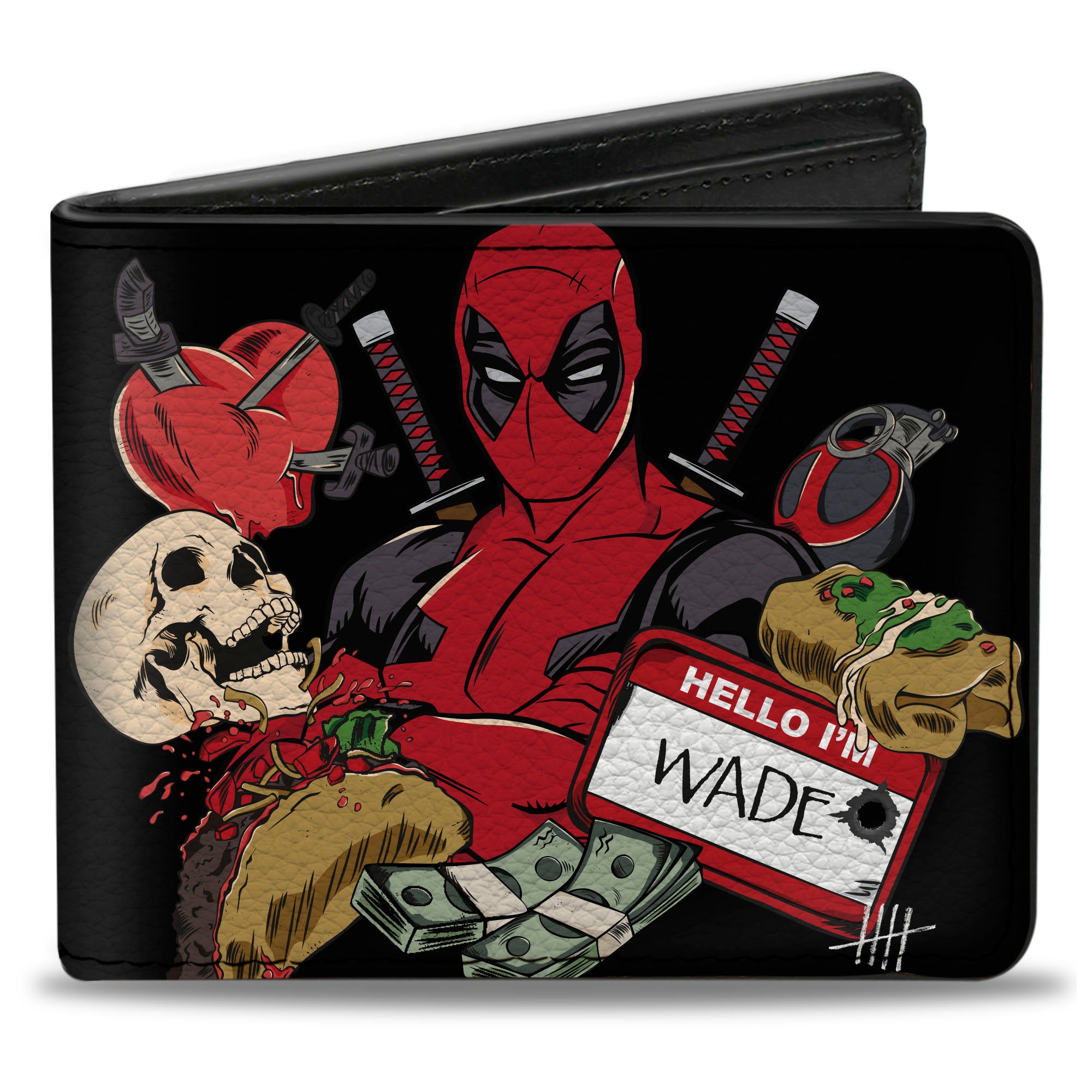 Bi-Fold Wallet - DEADPOOL HELLO I'M WADE Pose and Icons Black Bi-Fold Wallets Marvel Comics