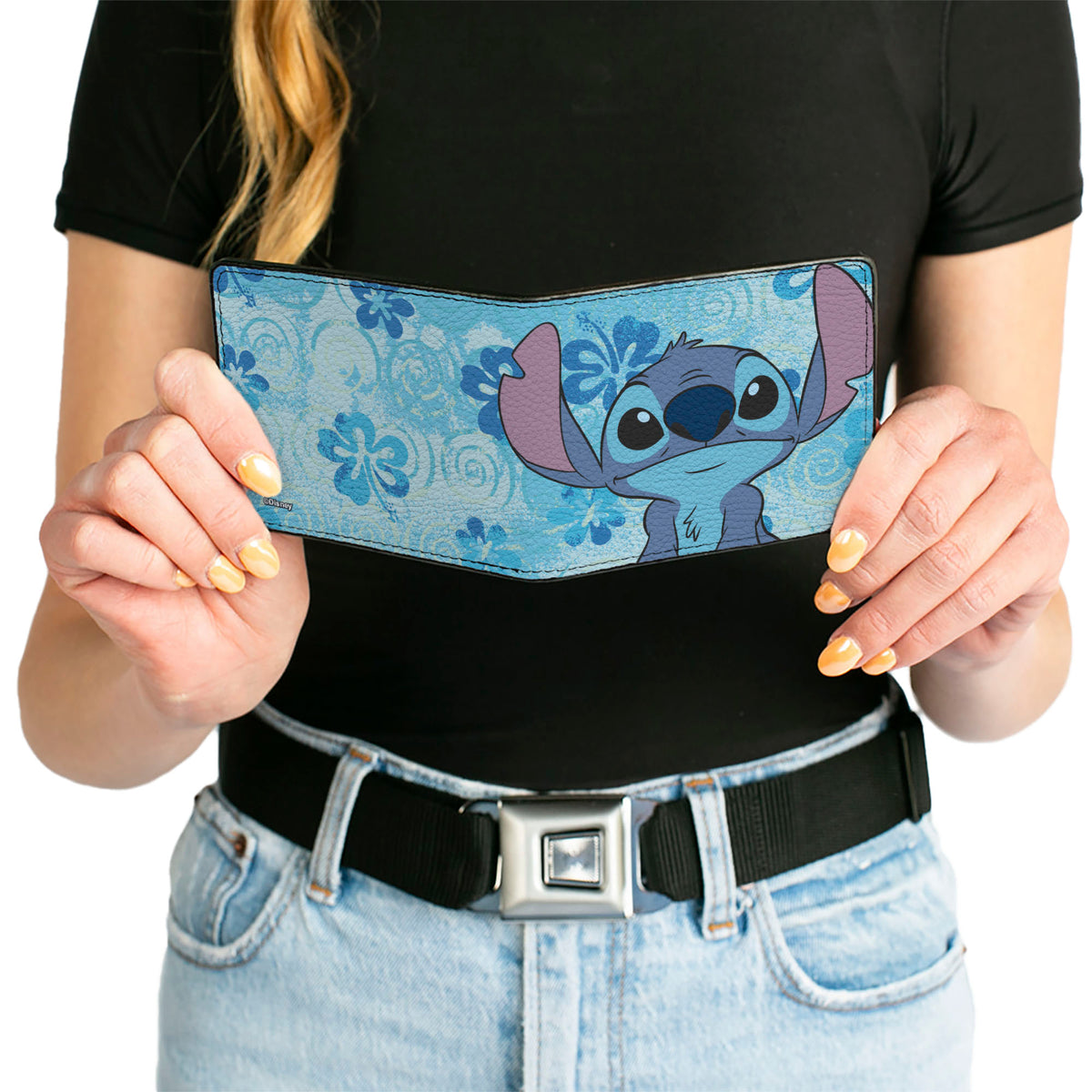 Bi-Fold Wallet - Lilo & Stitch Stitch Smiling Face Close-Up and Flowers Blues Bi-Fold Wallets Disney