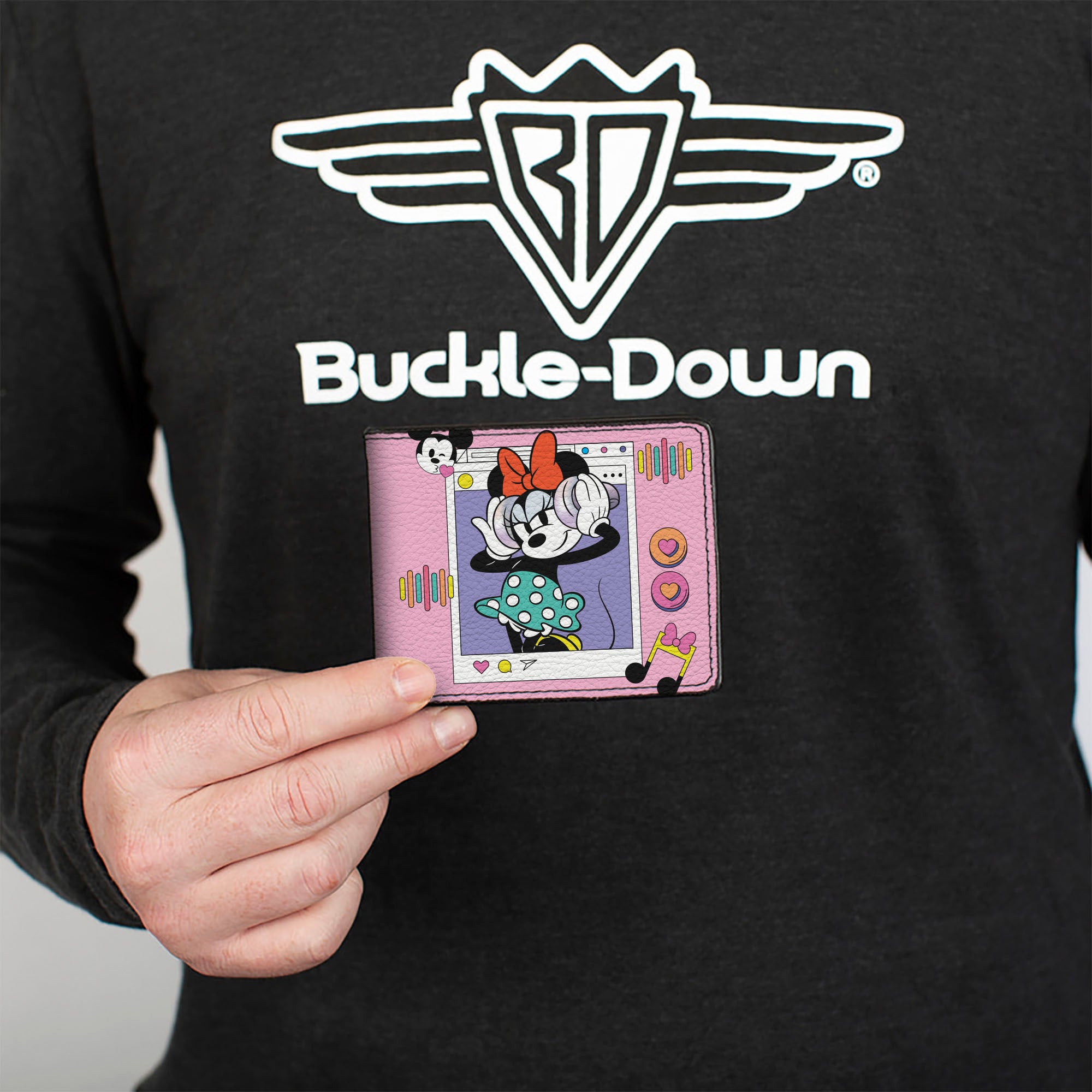 Bi-Fold Wallet - Minnie Mouse Music Pose and Winking Smile Text Pink/Blue