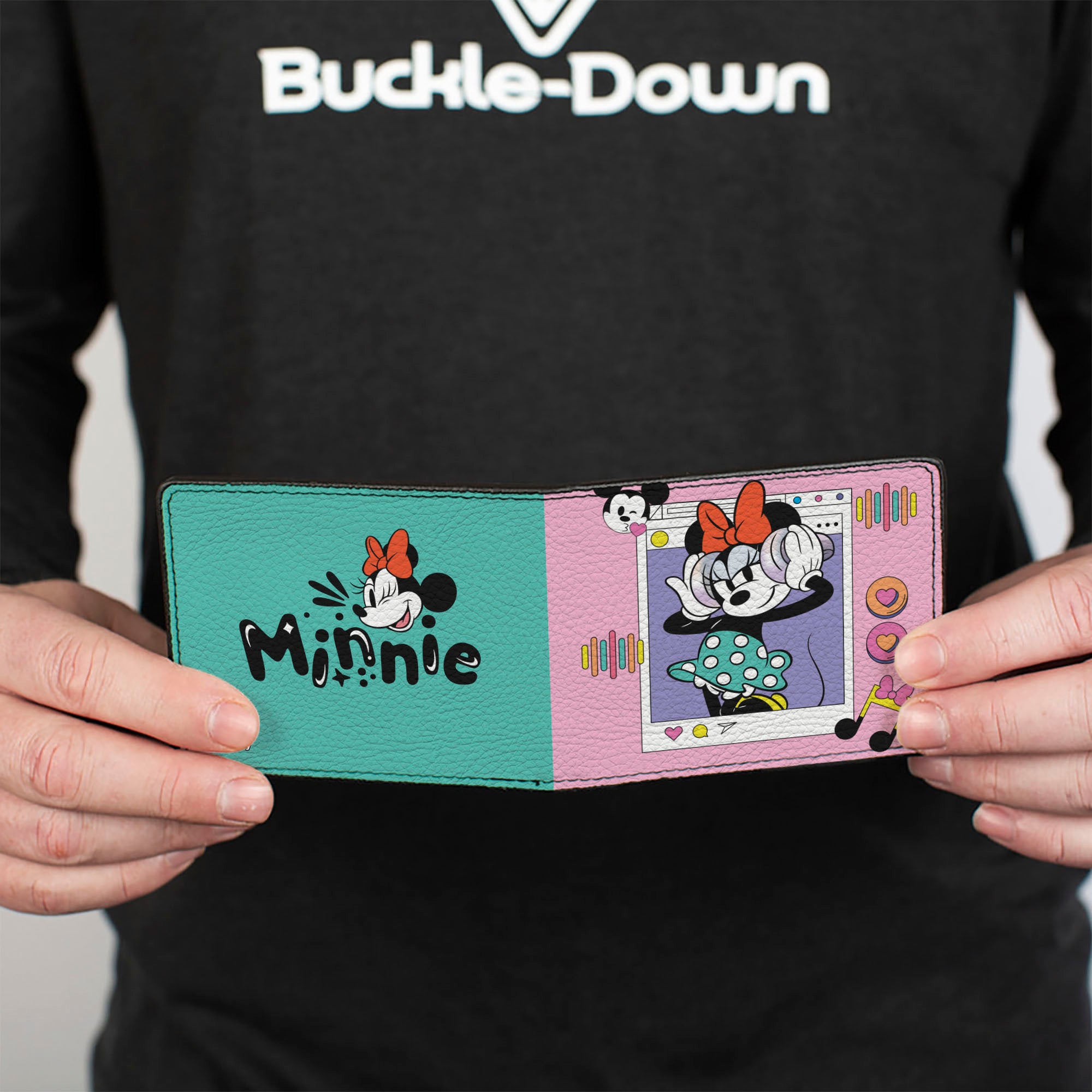 Bi-Fold Wallet - Minnie Mouse Music Pose and Winking Smile Text Pink/Blue