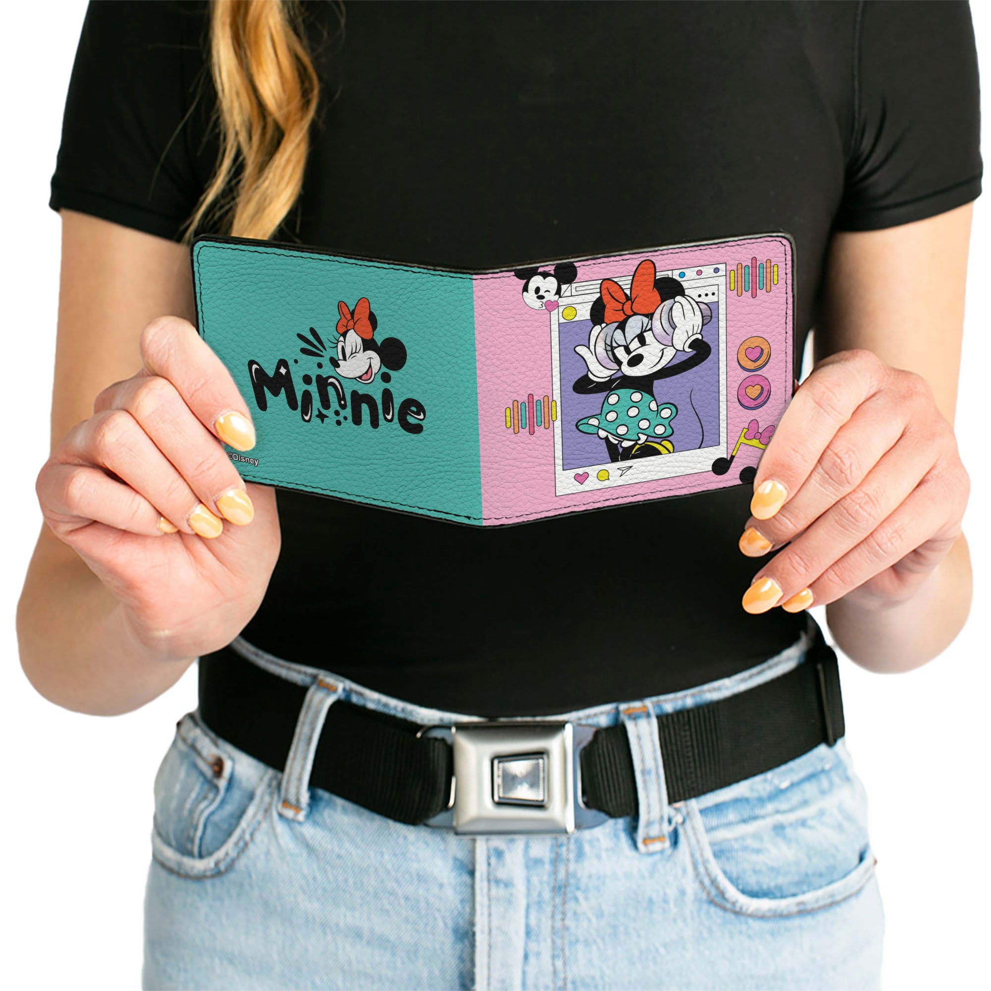 Bi-Fold Wallet - Minnie Mouse Music Pose and Winking Smile Text Pink/Blue