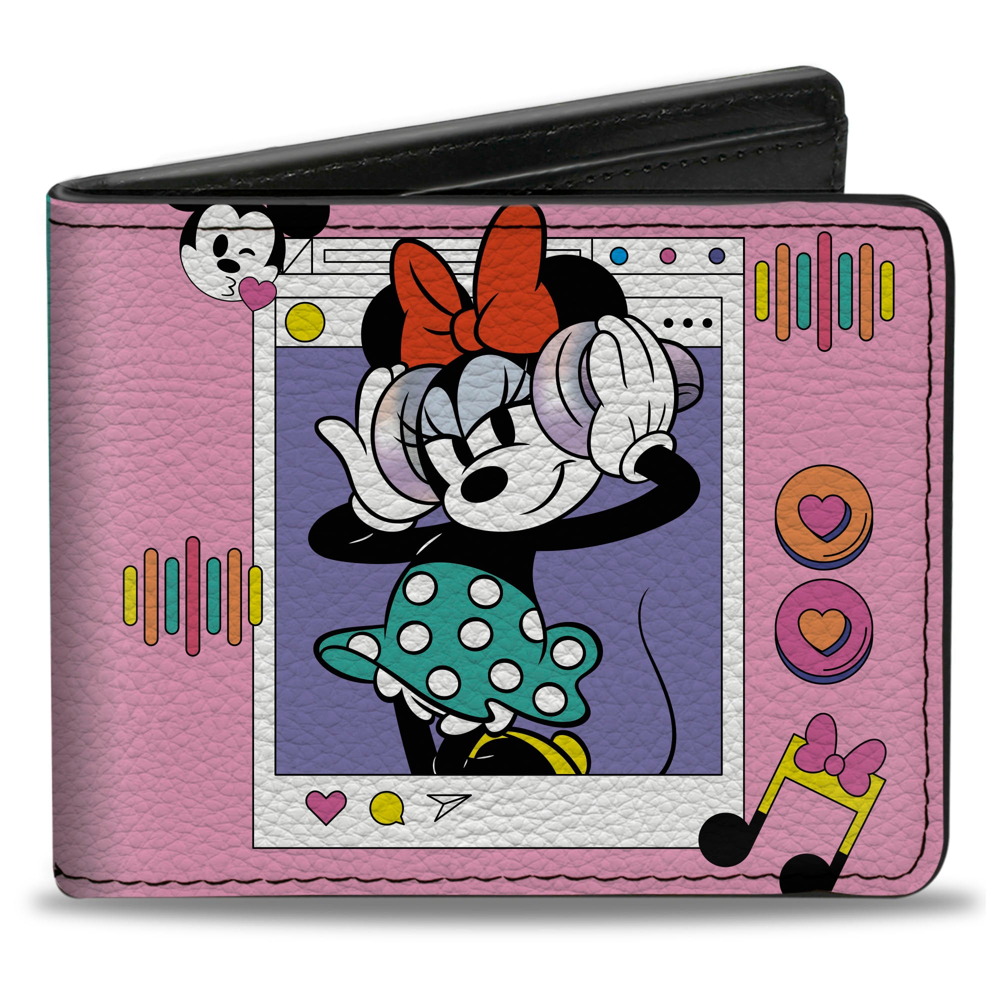 Bi-Fold Wallet - Minnie Mouse Music Pose and Winking Smile Text Pink/Blue